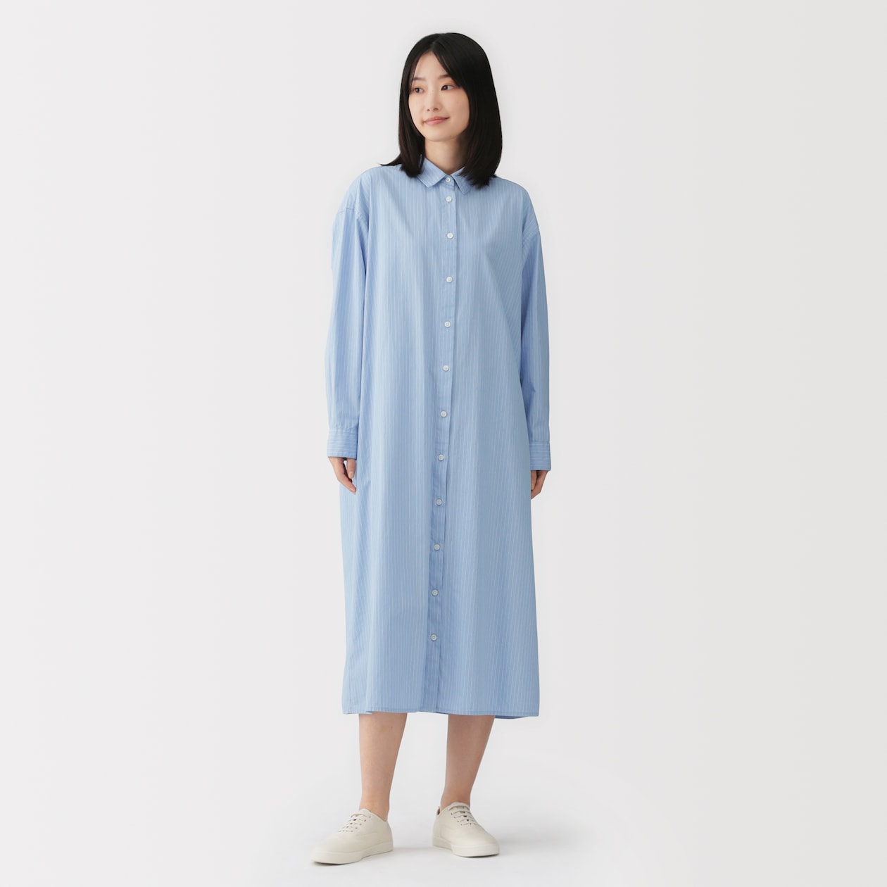 婦人　洗いざらし　ブロード長袖シャツワンピース