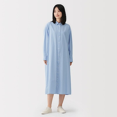 婦人　洗いざらし　ブロード長袖シャツワンピース