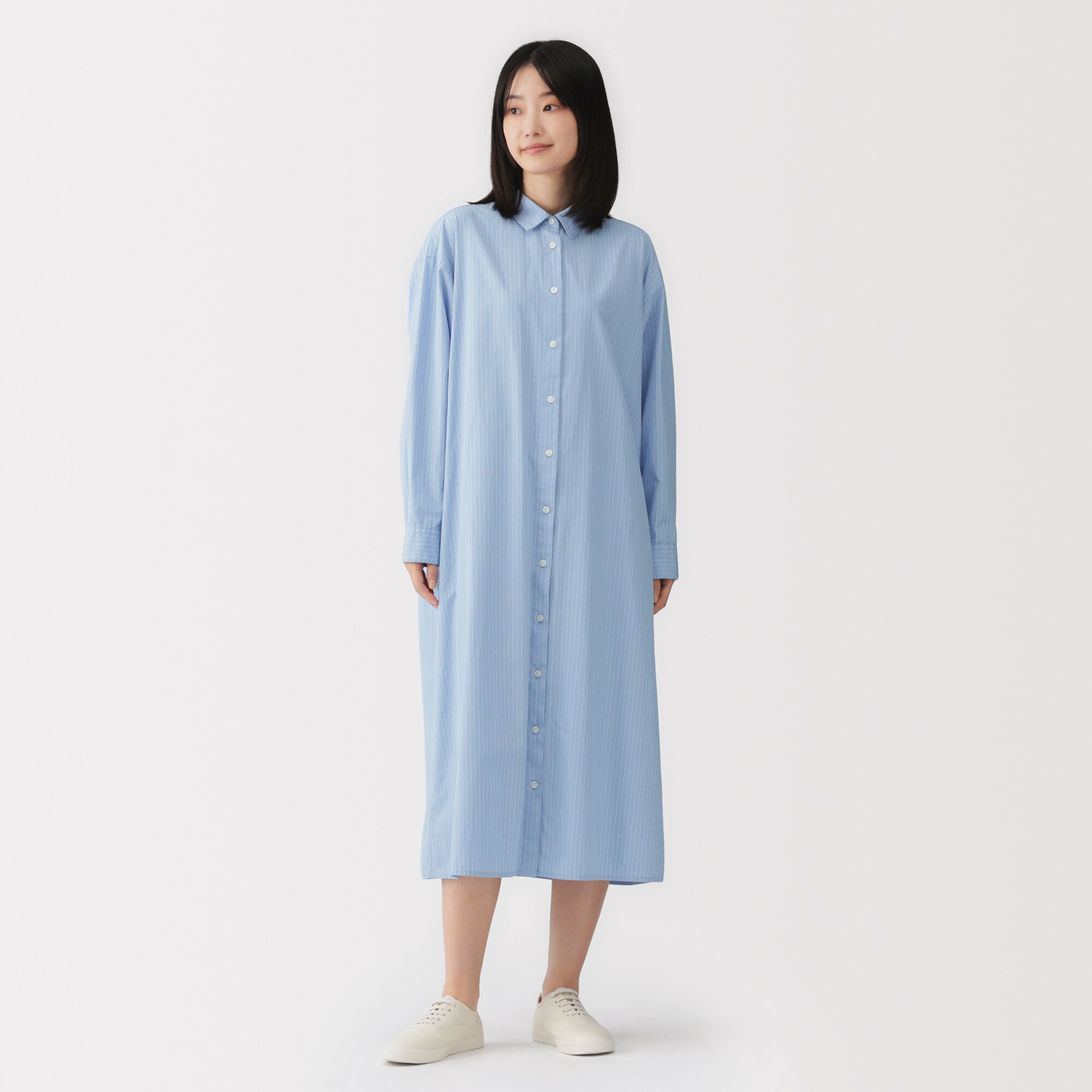 婦人　洗いざらし　ブロード長袖シャツワンピース