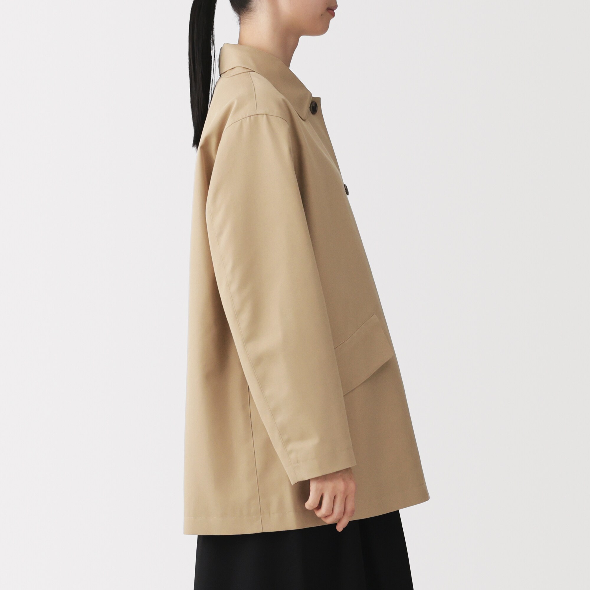 【美品/送料込】無印良品｜ステンカラーハーフコート(L)｜ベージュ 無印良品（MUJI） ステンカラーコート コート 婦人 撥水 コットン混
