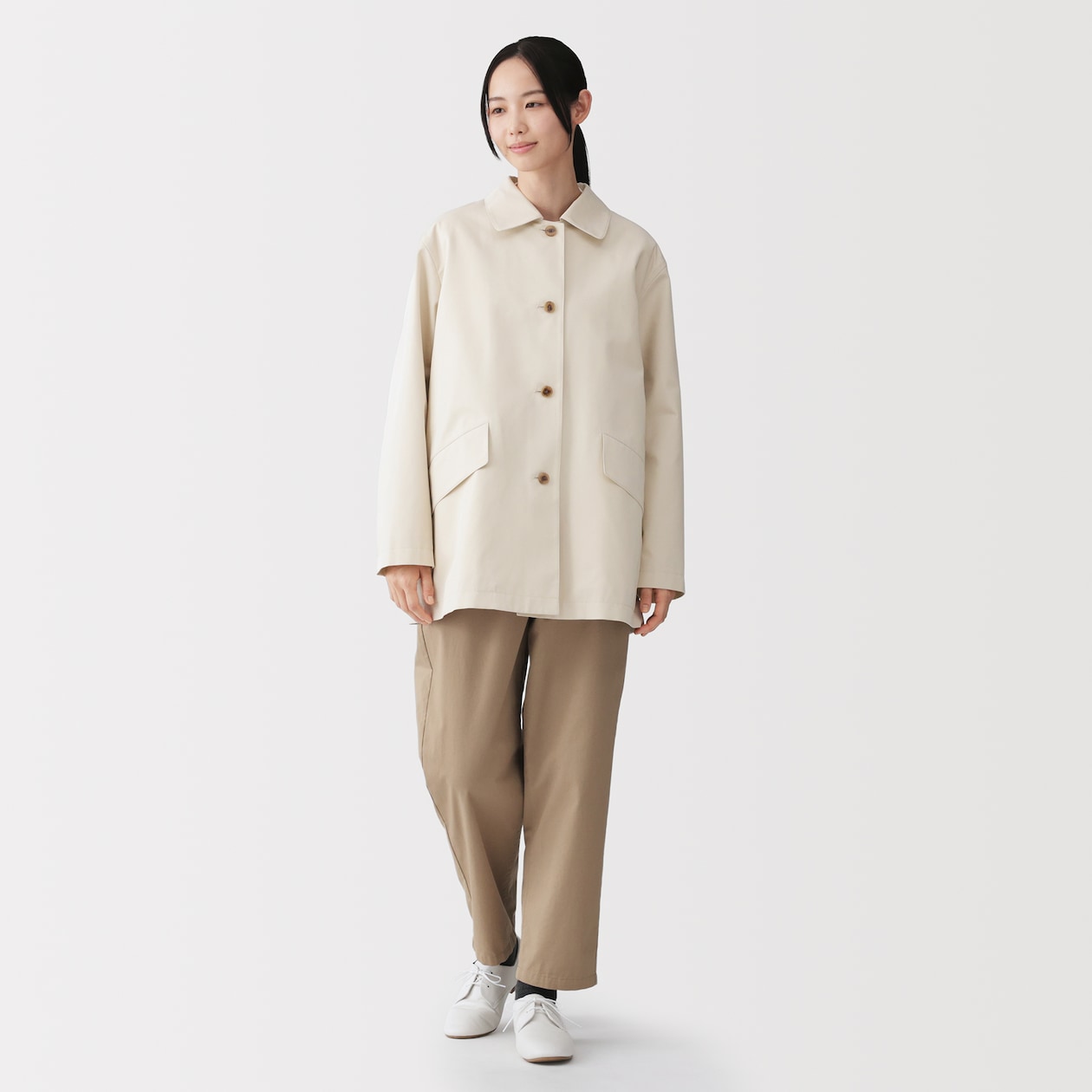 婦人　撥水　コットン混　ツイル　ステンカラーハーフコート