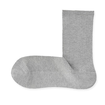 婦人　足なり直角　履き口やわらか　ほぼ綿で編んだ　リブ編み靴下