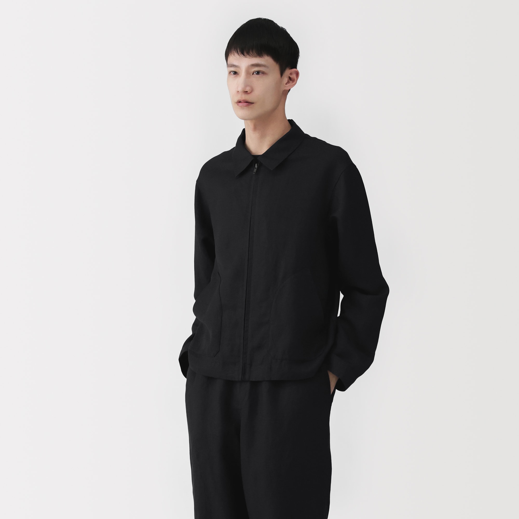 紳士　リネンリヨセル　ジップアップワークシャツ