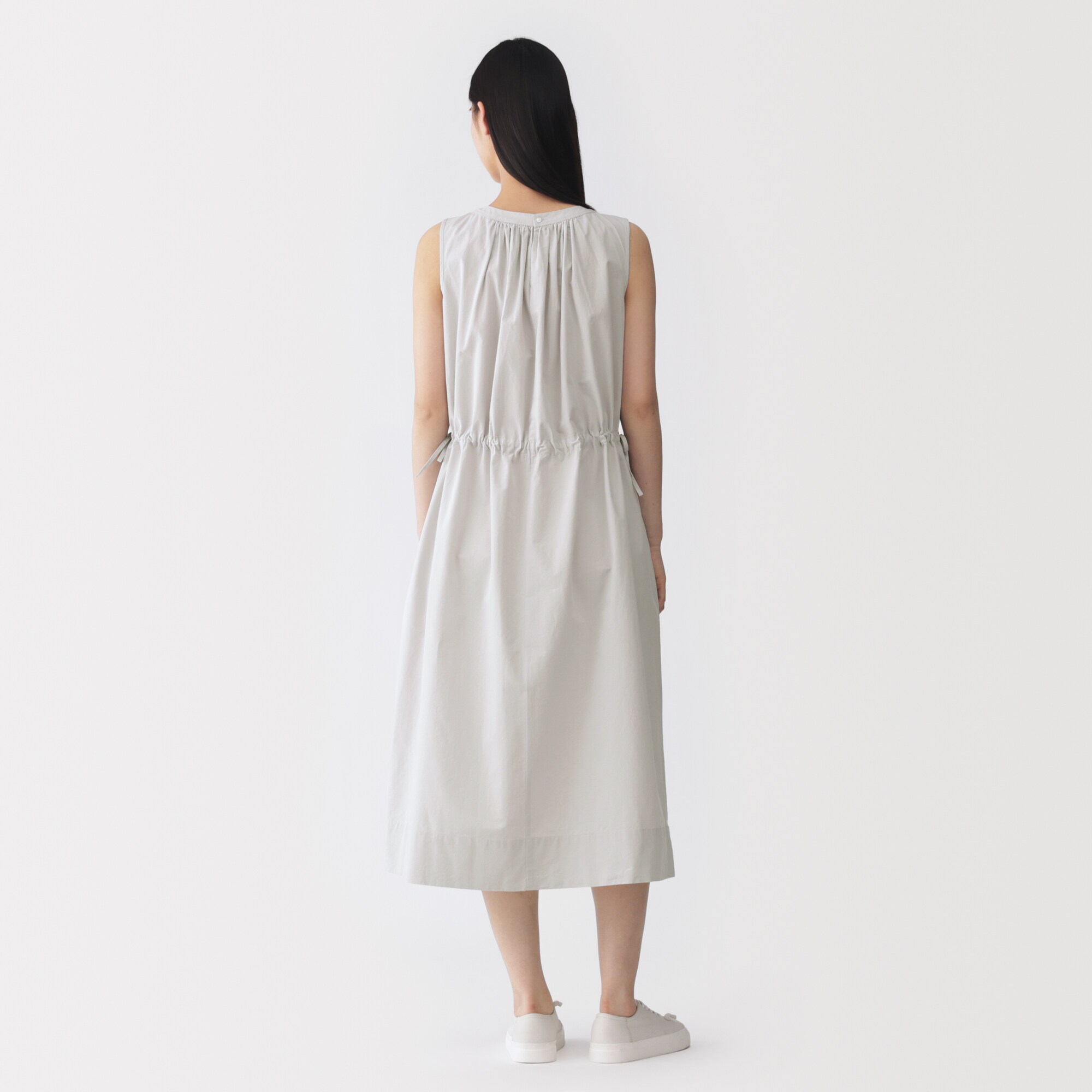 美品✨アディアム ノースリーブ シャツワンピース ギャザー リボン ホワイト 0 婦人 和紙混高密度ポプリン ノースリーブギャザーワンピース | 無印良品