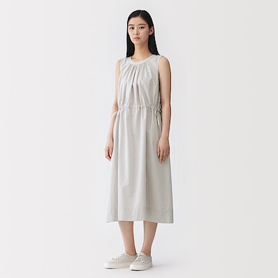 【４月中旬発売予定】婦人　和紙混高密度ポプリン　ノースリーブギャザーワンピース