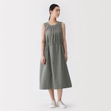 婦人　和紙混高密度ポプリン　ノースリーブギャザーワンピース