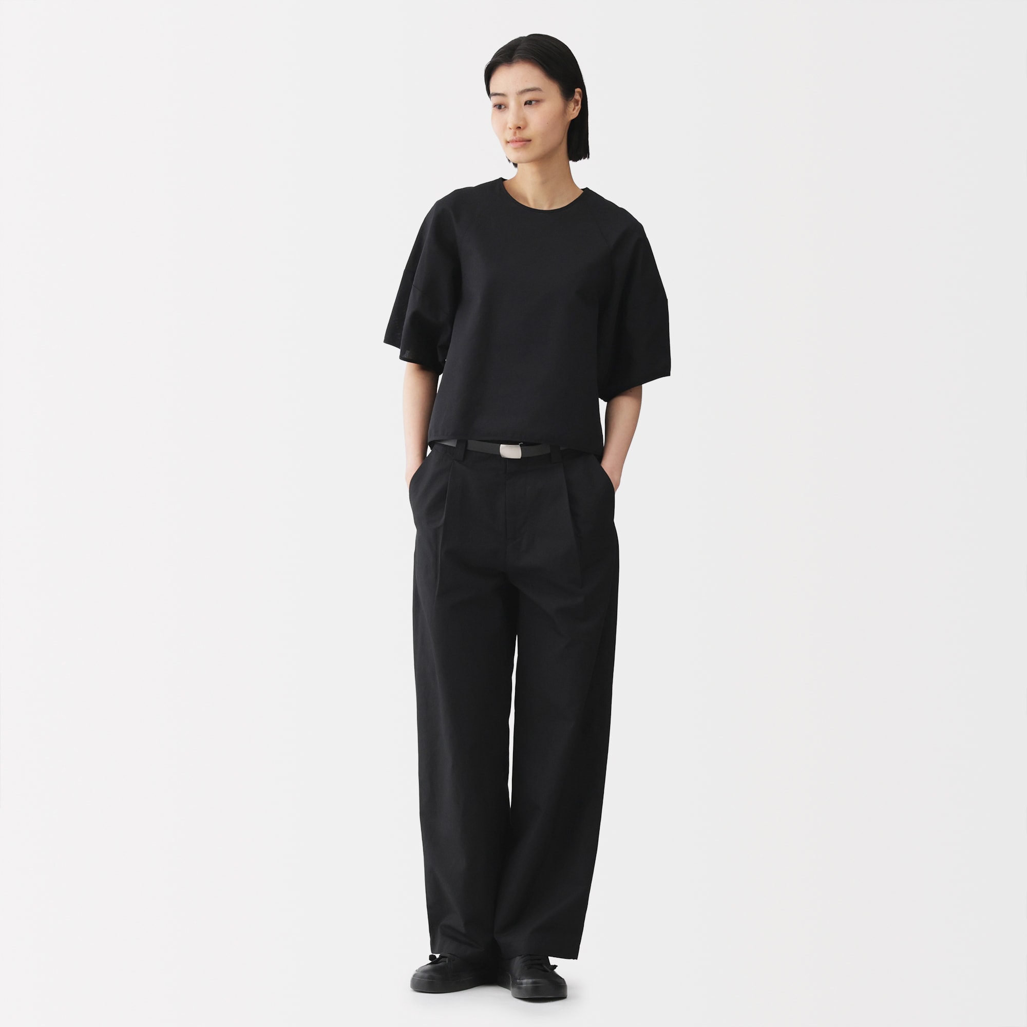 婦人　綿混タックワイドパンツ