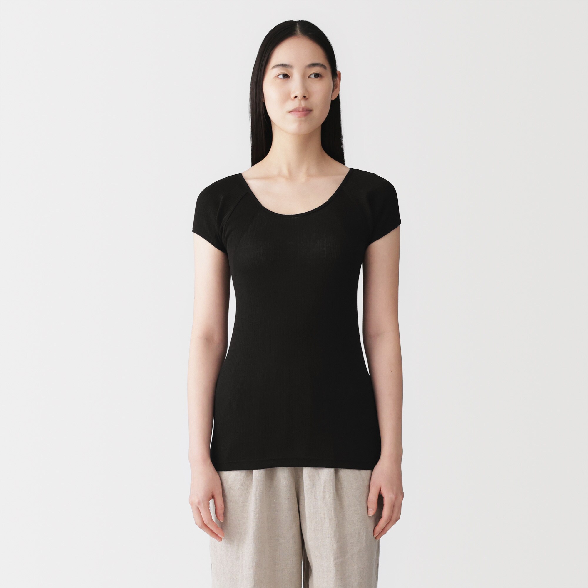 婦人　なめらかリブ　背中・脇汗取りパッド付きフレンチスリーブ