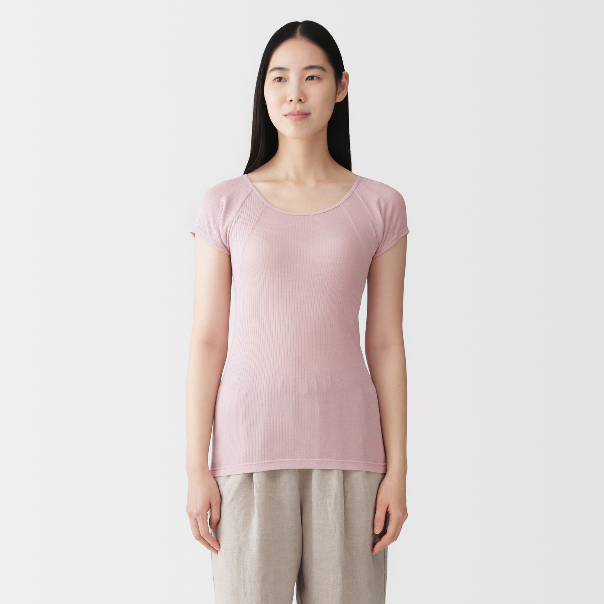 婦人　なめらかリブ　背中・脇汗取りパッド付きフレンチスリーブ