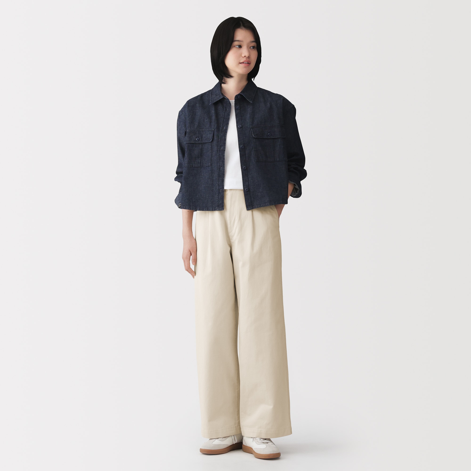 婦人　ムラ糸　チノタックワイドパンツ