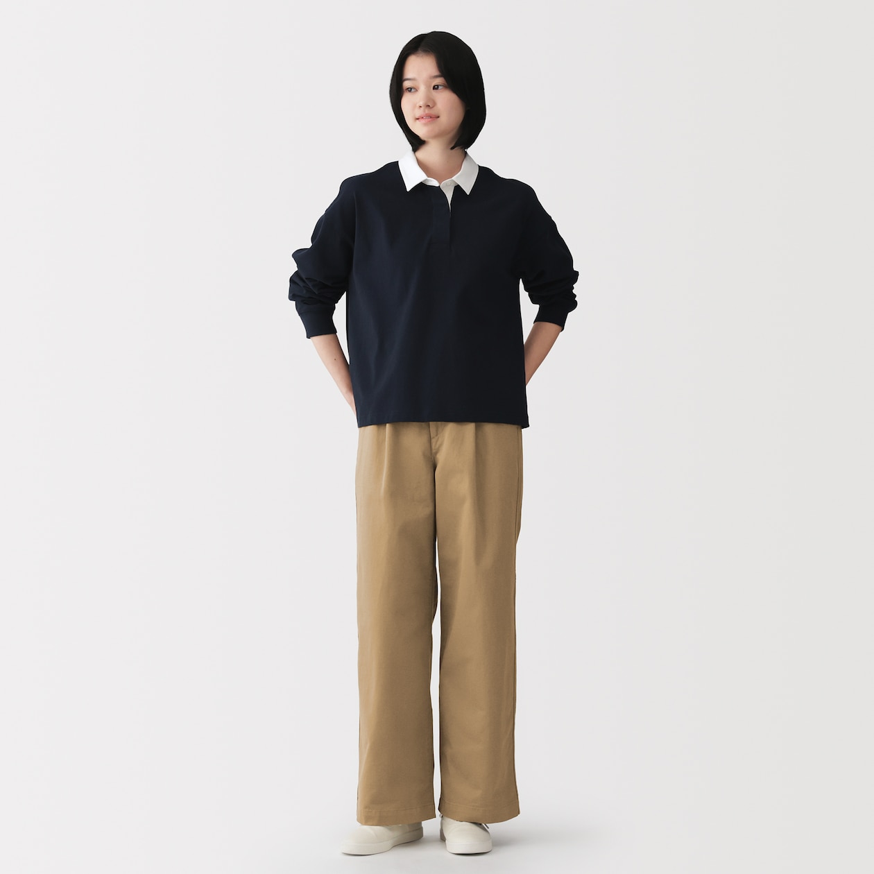 婦人　ムラ糸　チノタックワイドパンツ