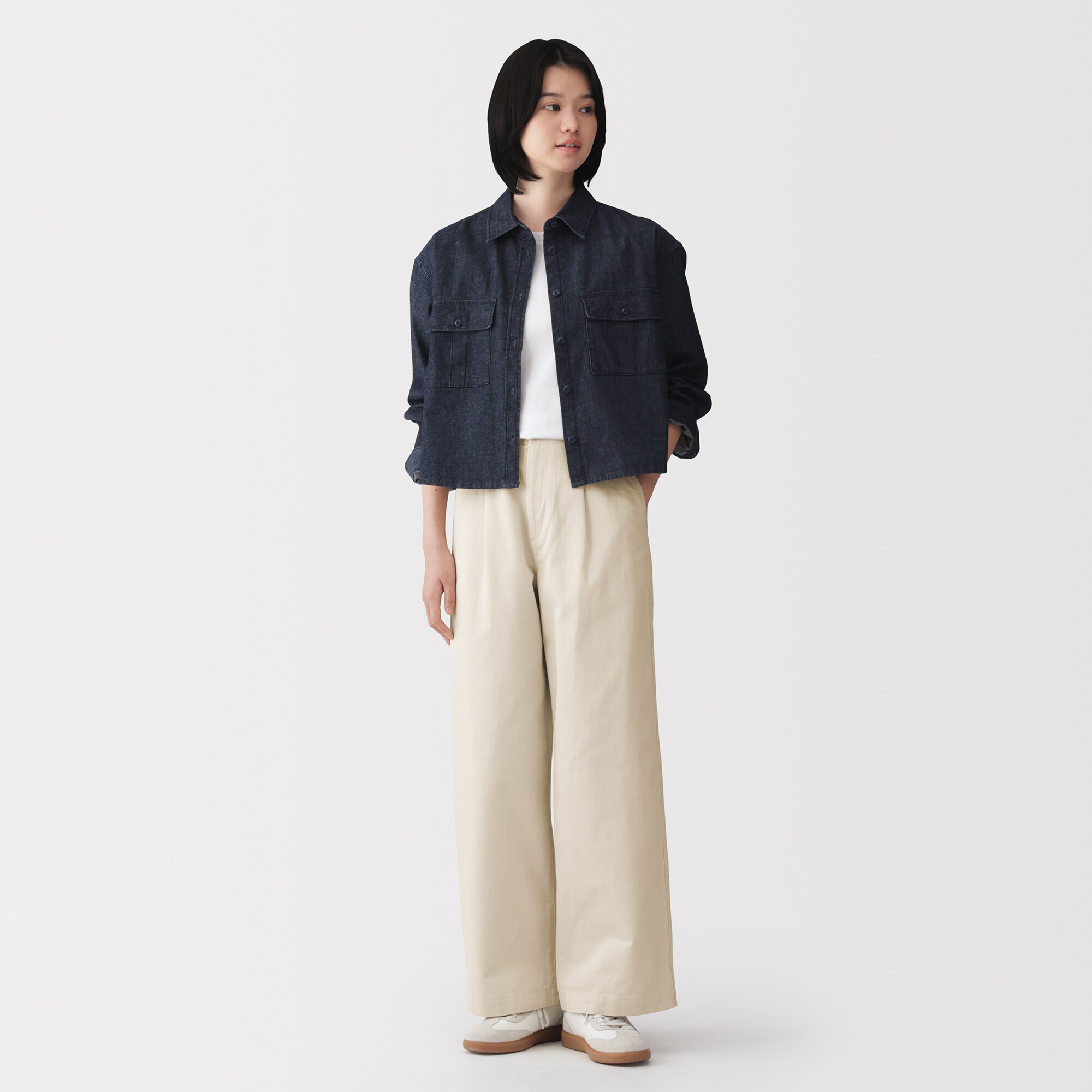 婦人　ムラ糸　チノタックワイドパンツ