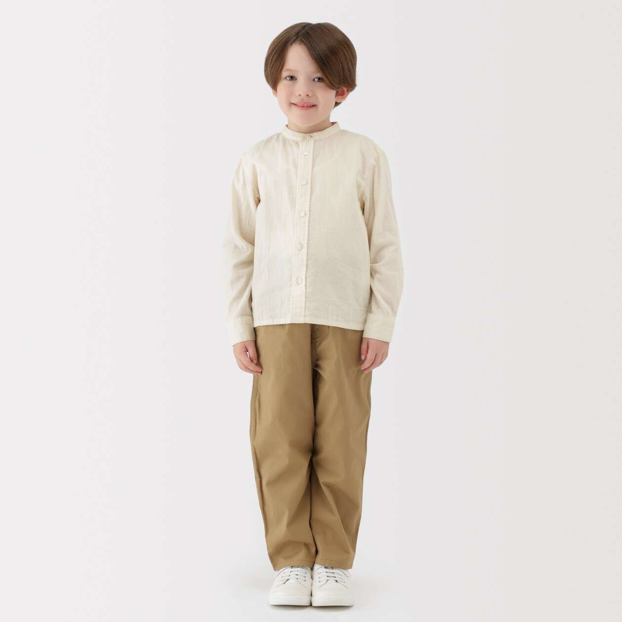 キッズ　二重ガーゼスタンドカラー長袖シャツ