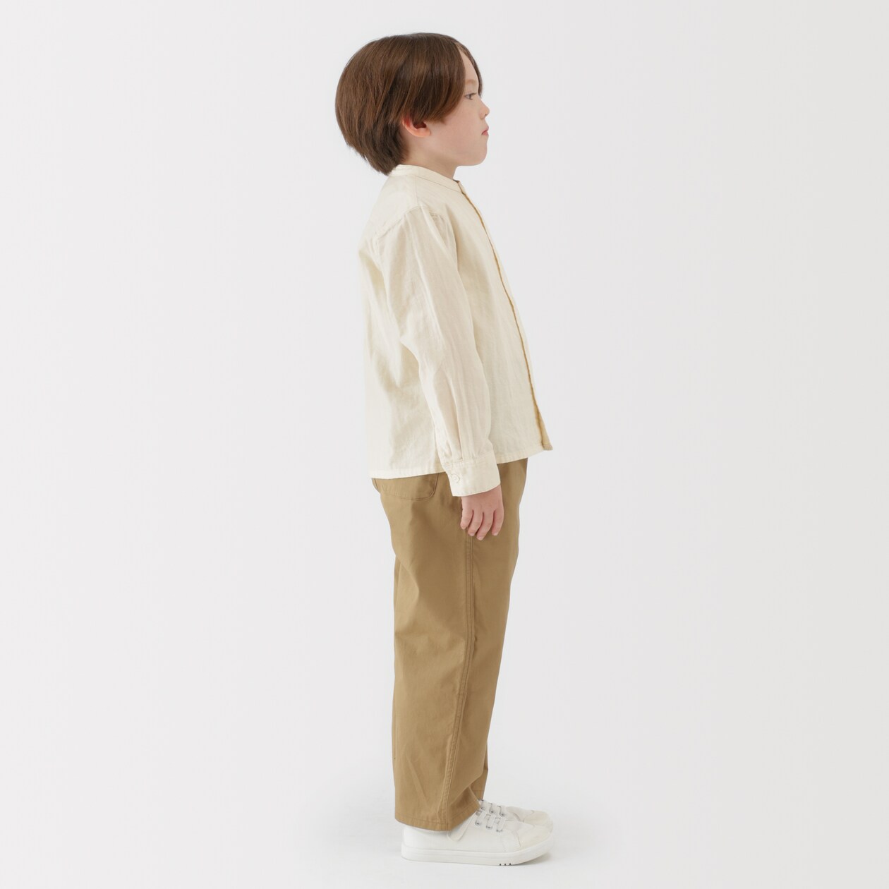 キッズ　二重ガーゼスタンドカラー長袖シャツ