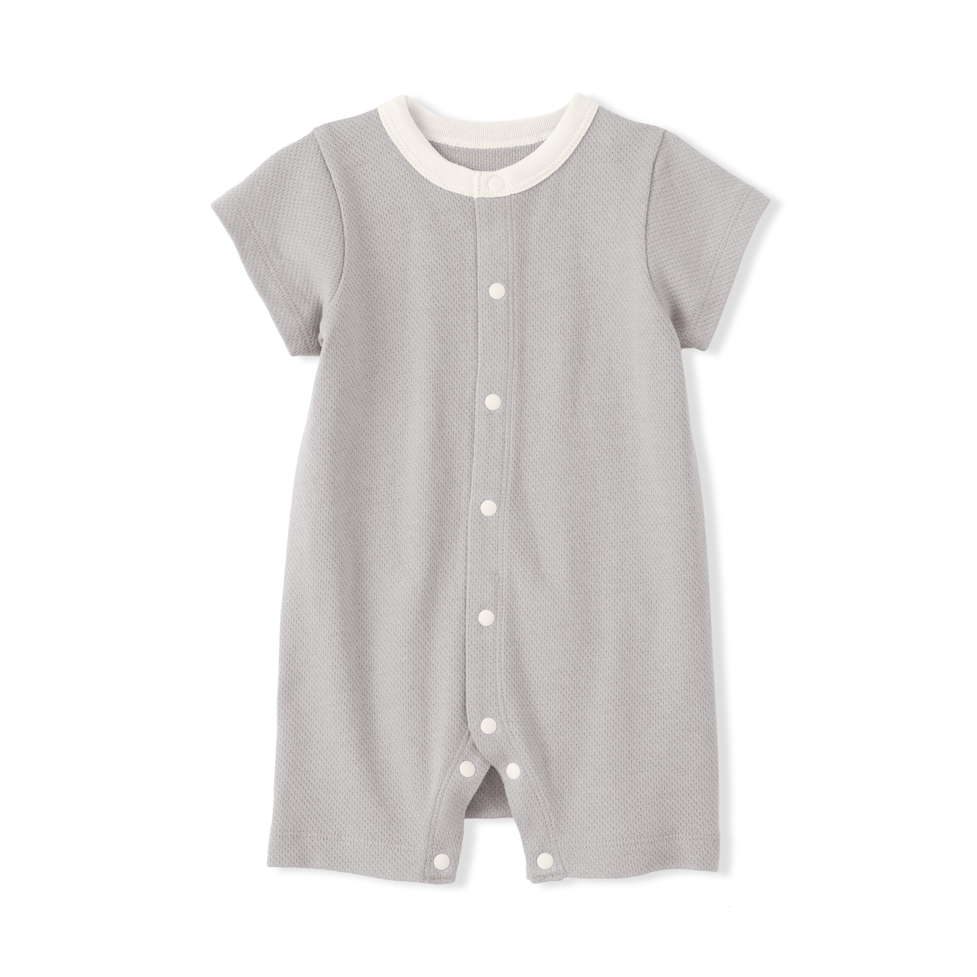 ベビー　脇に縫い目のない鹿の子編み半袖ショートオール