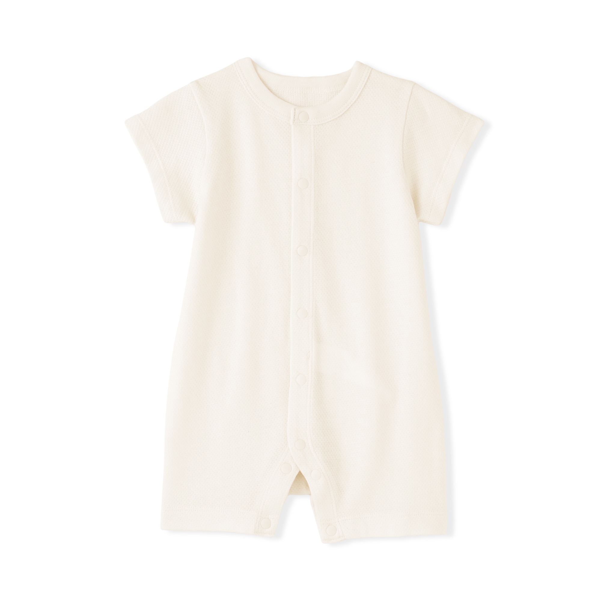 ベビー　脇に縫い目のない鹿の子編み半袖ショートオール
