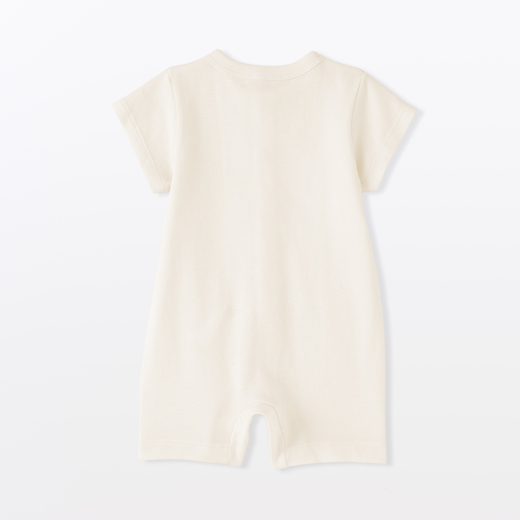 ベビー　脇に縫い目のない鹿の子編み半袖ショートオール