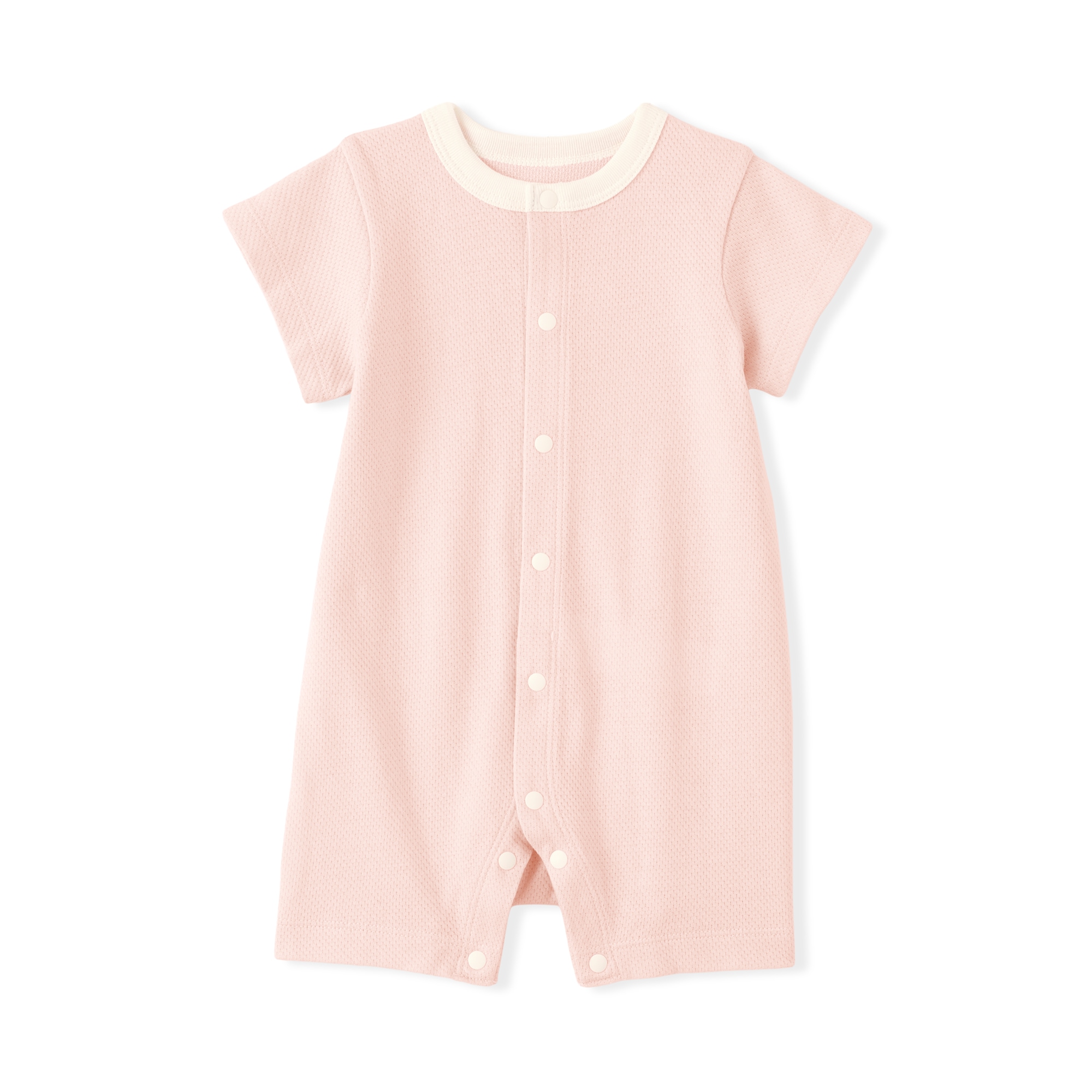 ベビー　脇に縫い目のない鹿の子編み半袖ショートオール