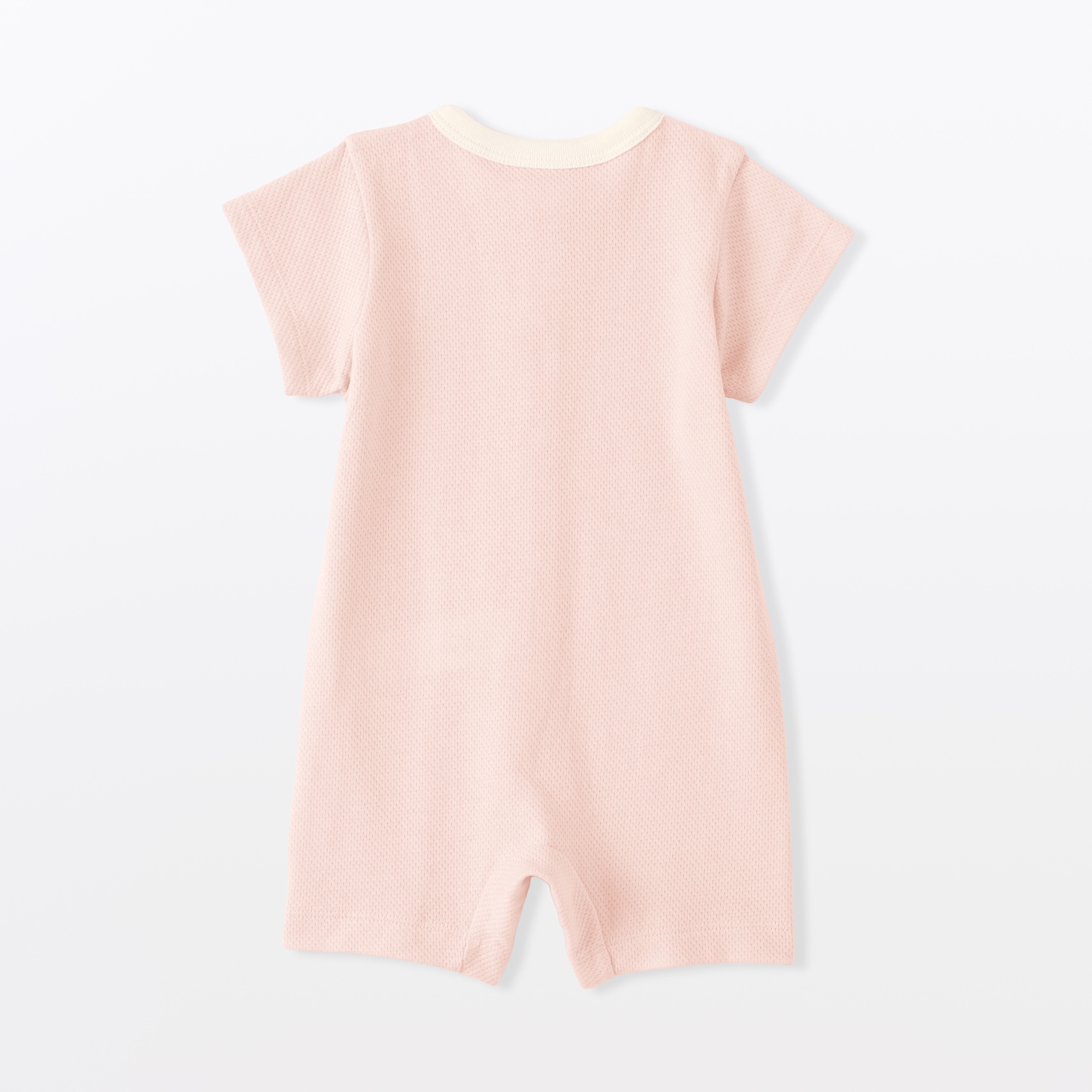 ベビー　脇に縫い目のない鹿の子編み半袖ショートオール