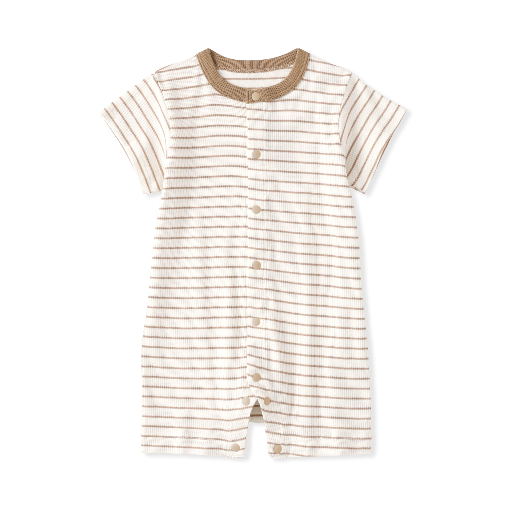 ベビー　脇に縫い目のないリブ編み半袖ショートオール