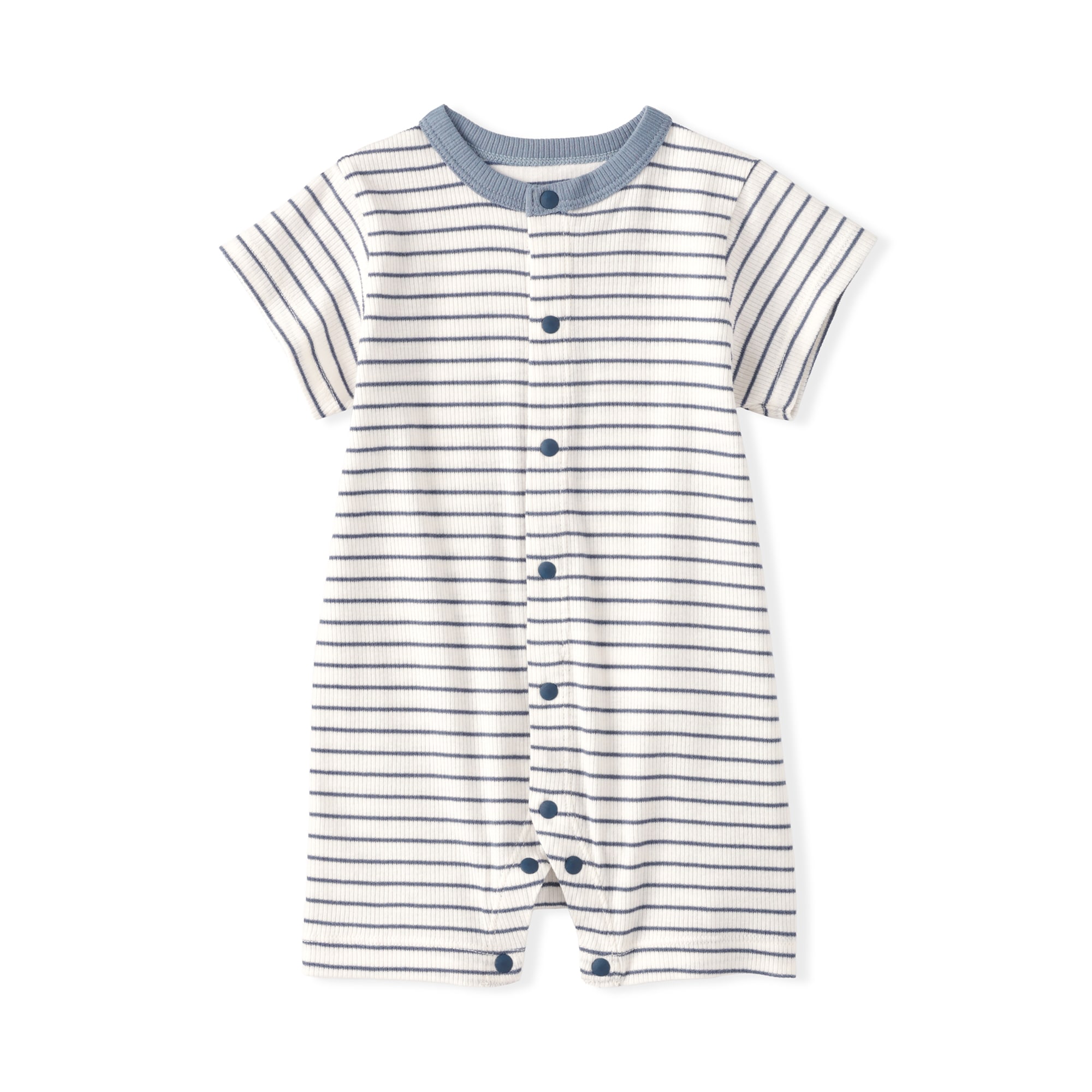 ベビー　脇に縫い目のないリブ編み半袖ショートオール