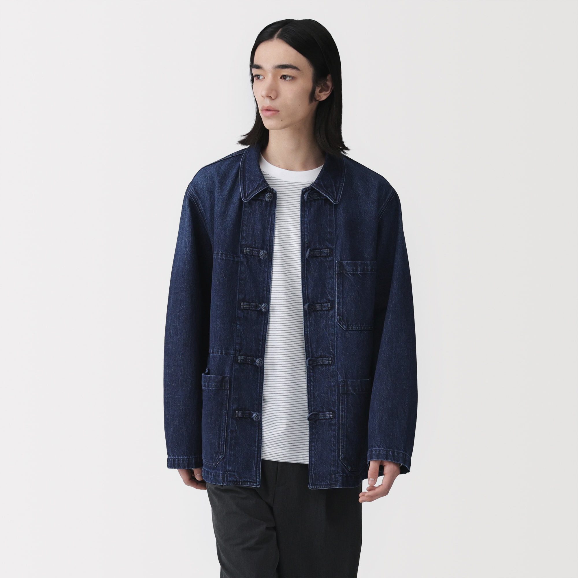 紳士　木の実から作ったカポック混デニム　結び釦ジャケット