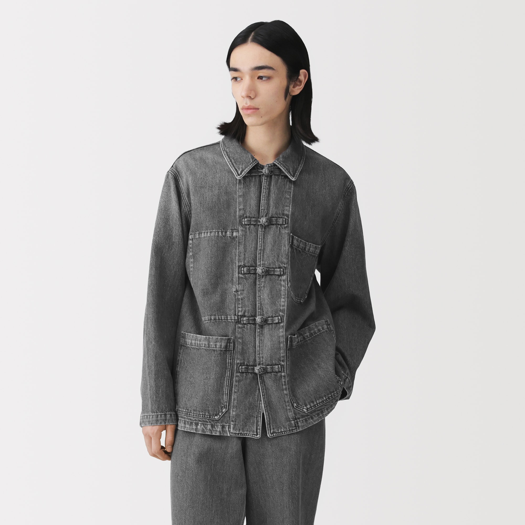 紳士　木の実から作ったカポック混デニム　結び釦ジャケット