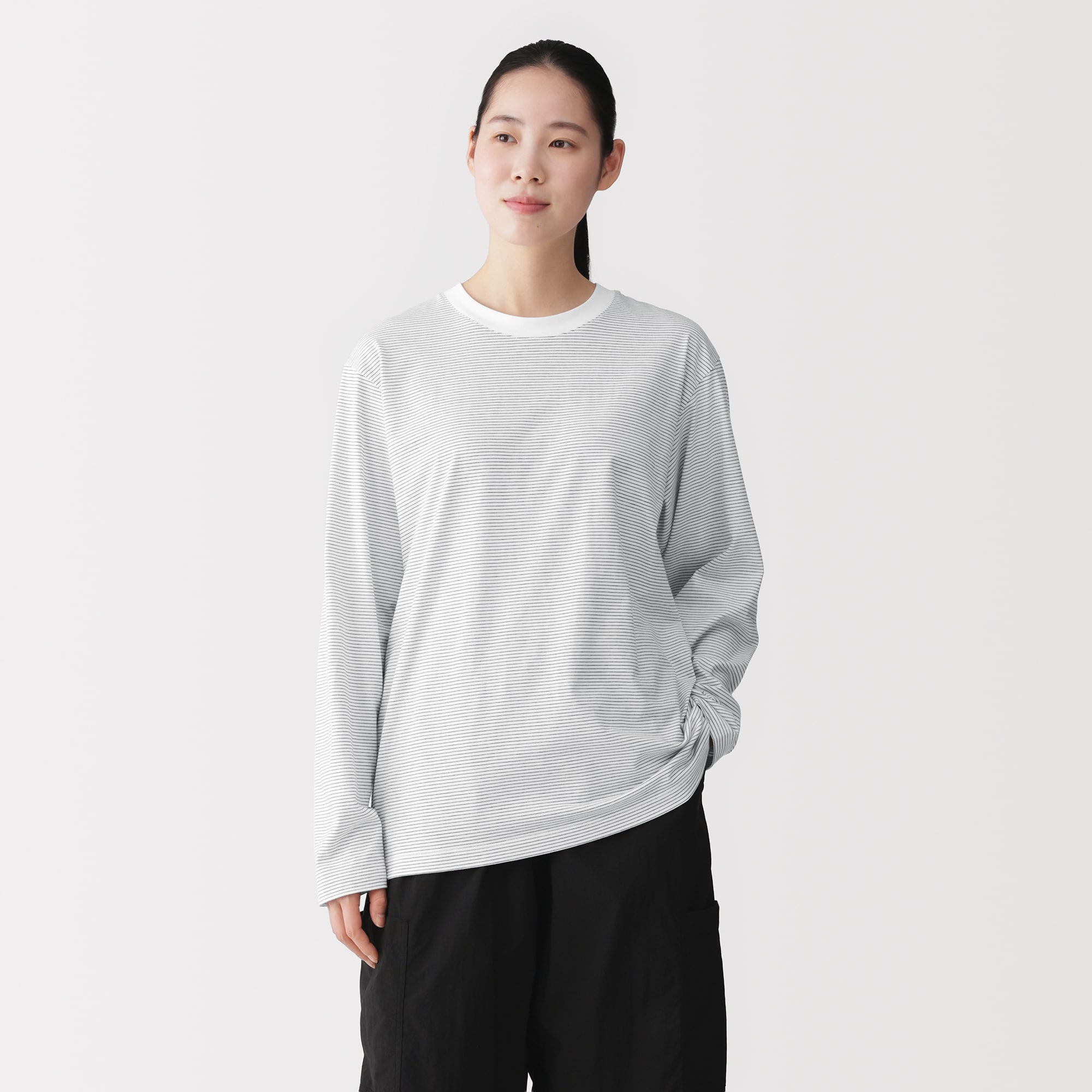 紳士　天竺編みクルーネック長袖Ｔシャツ（ボーダー）