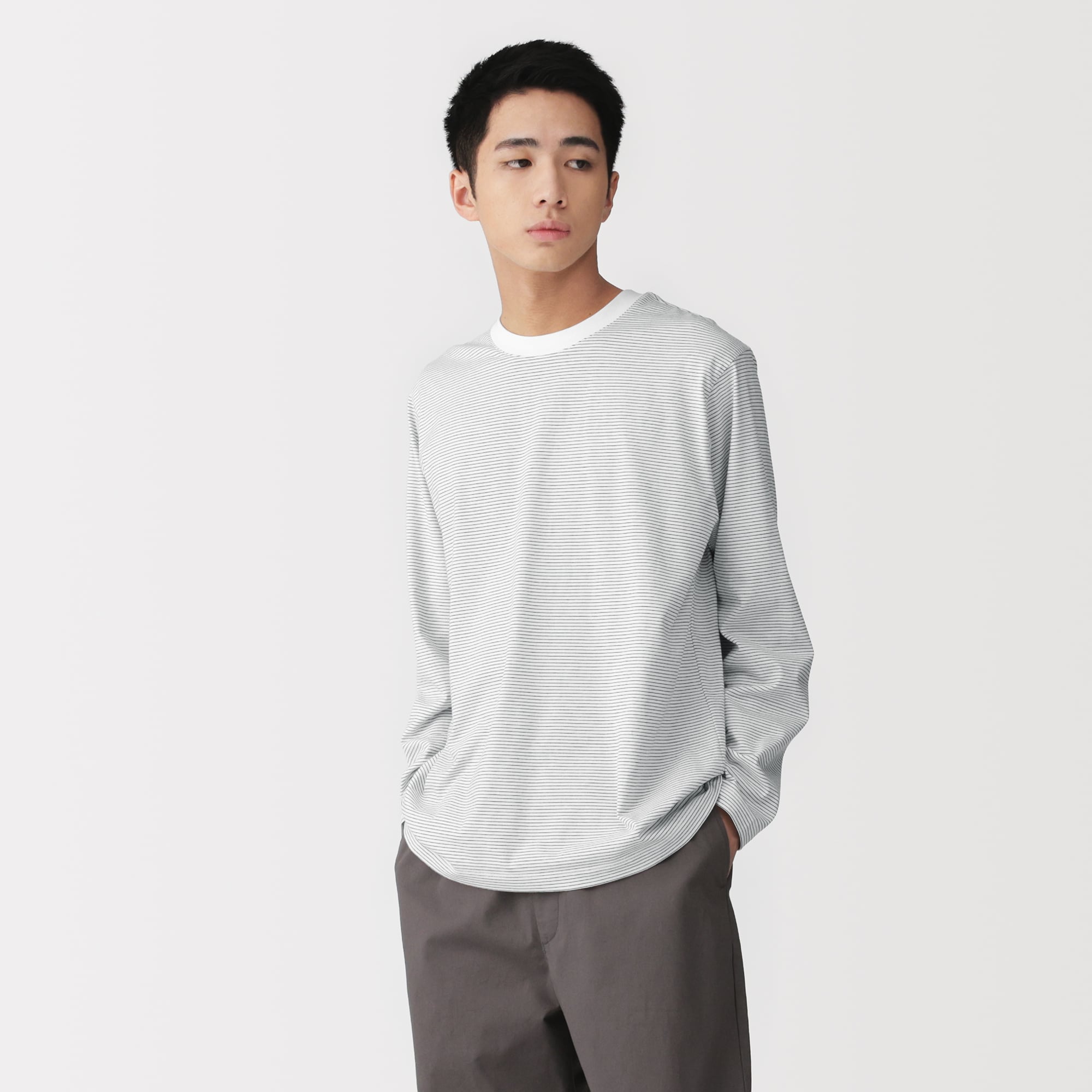 紳士　天竺編みクルーネック長袖Ｔシャツ（ボーダー）