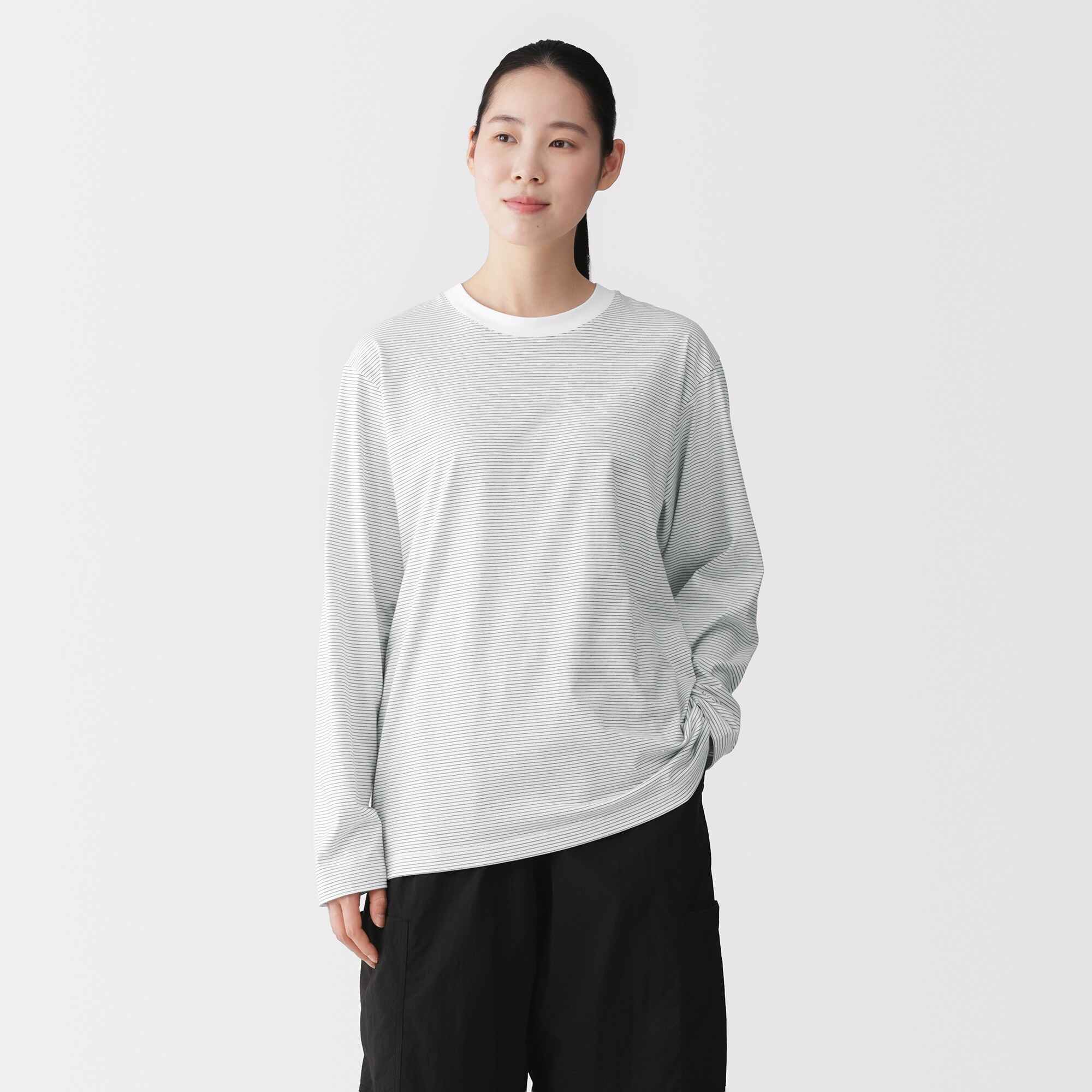 紳士　天竺編みクルーネック長袖Ｔシャツ（ボーダー）