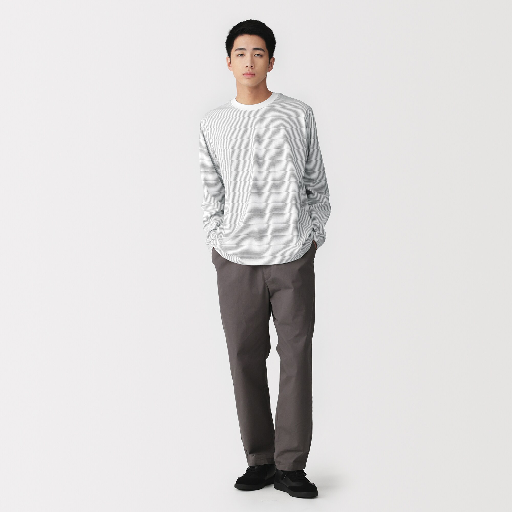 紳士 天竺編みクルーネック長袖Tシャツ（ボーダー） | 無印良品