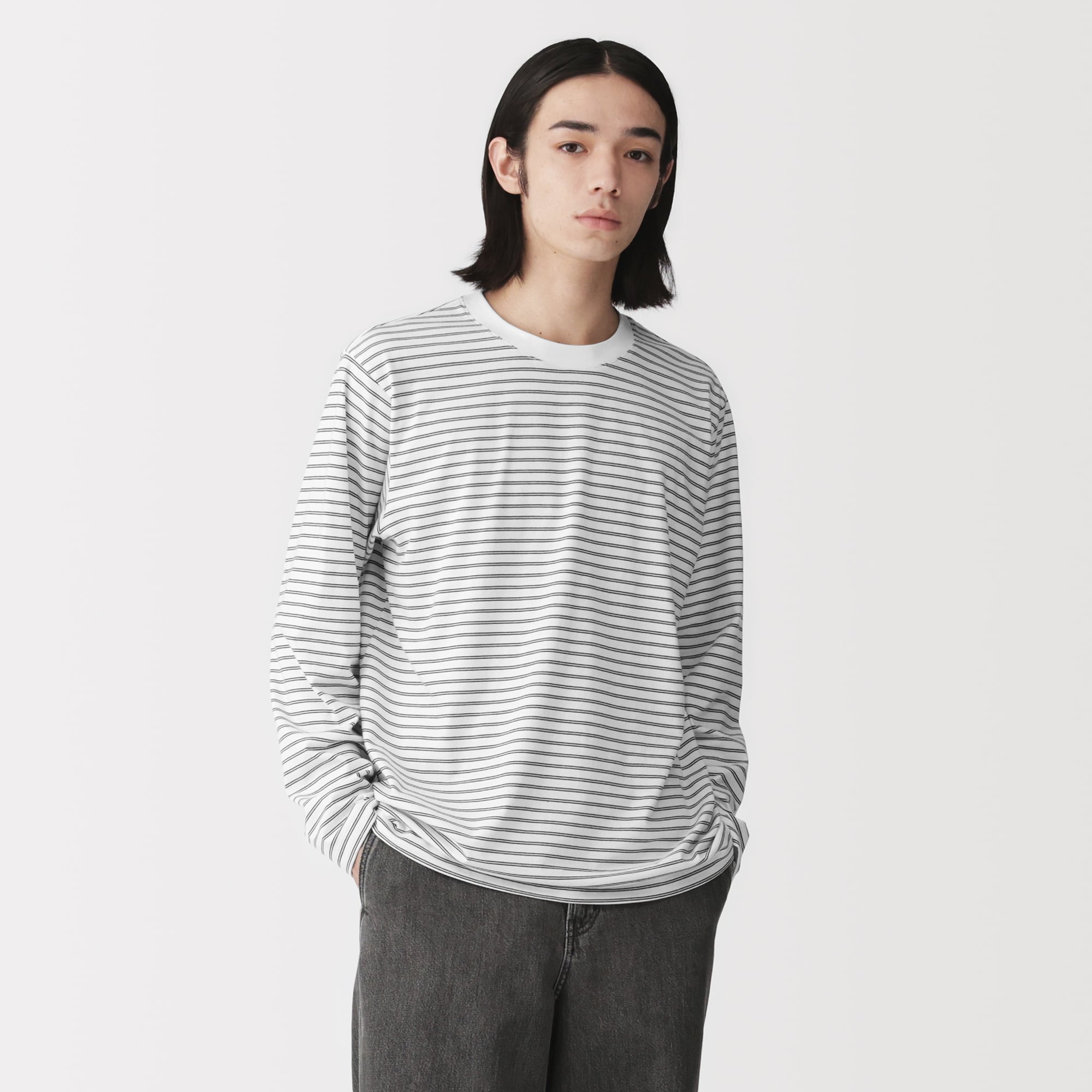 紳士　天竺編みクルーネック長袖Ｔシャツ（ボーダー）