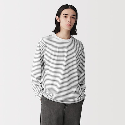 紳士　天竺編みクルーネック長袖Ｔシャツ（ボーダー）