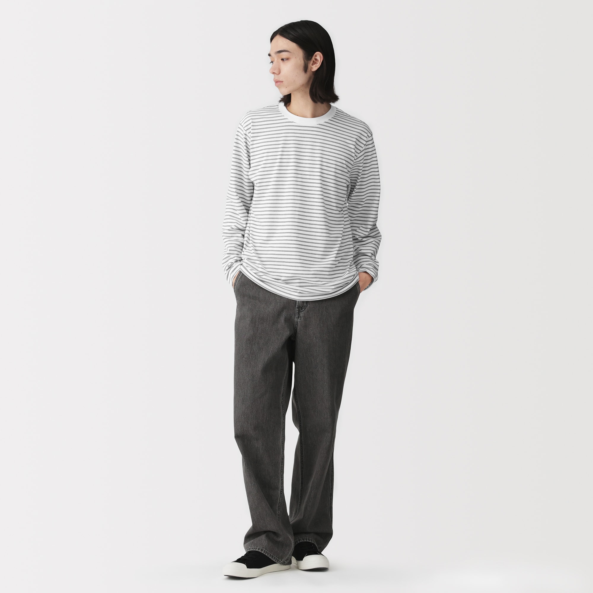 紳士 天竺編みクルーネック長袖Tシャツ（ボーダー） | 無印良品