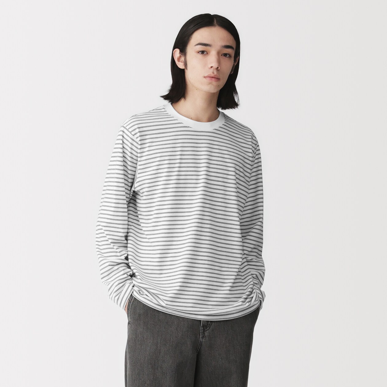 紳士　天竺編みクルーネック長袖Ｔシャツ（ボーダー）