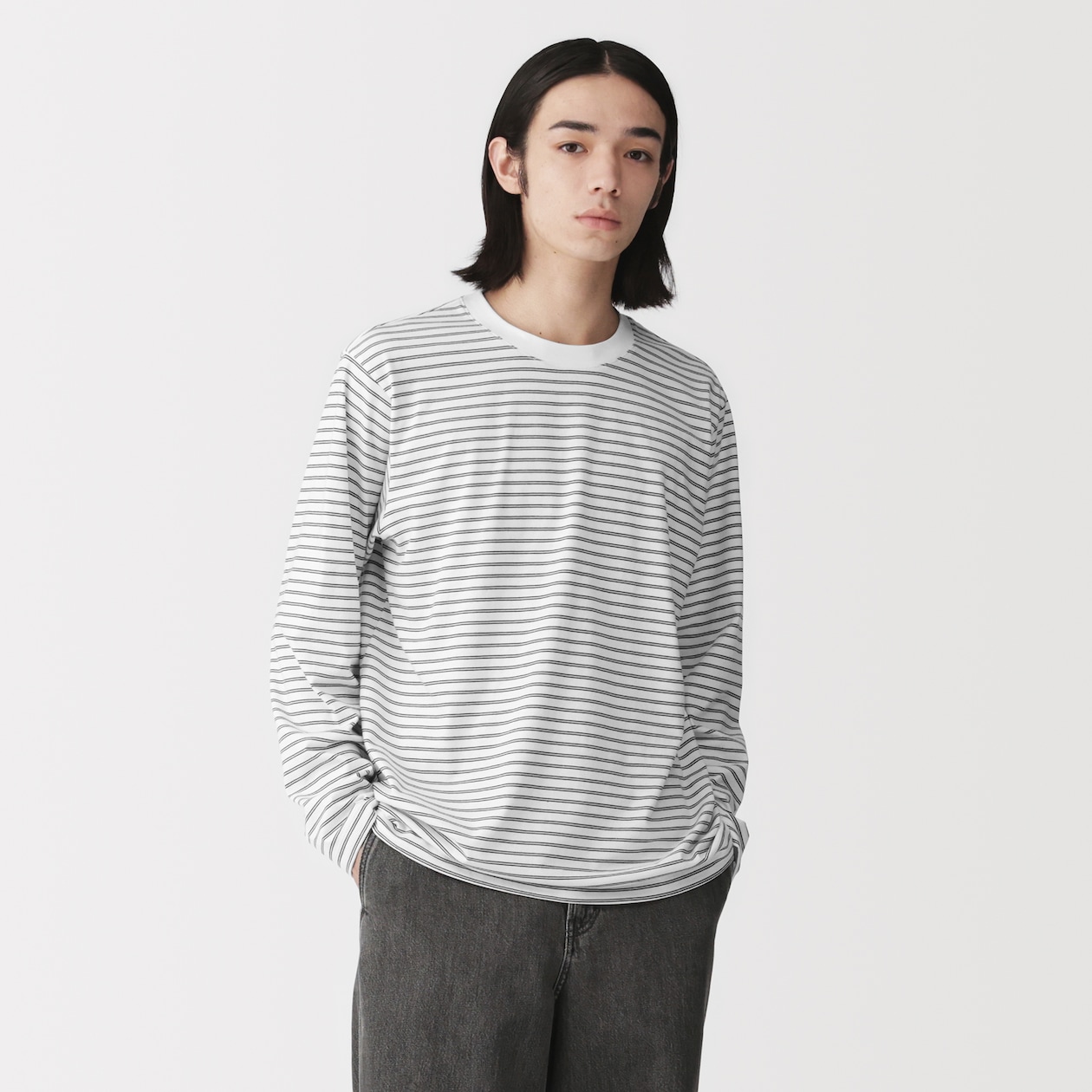 紳士　天竺編みクルーネック長袖Ｔシャツ（ボーダー）