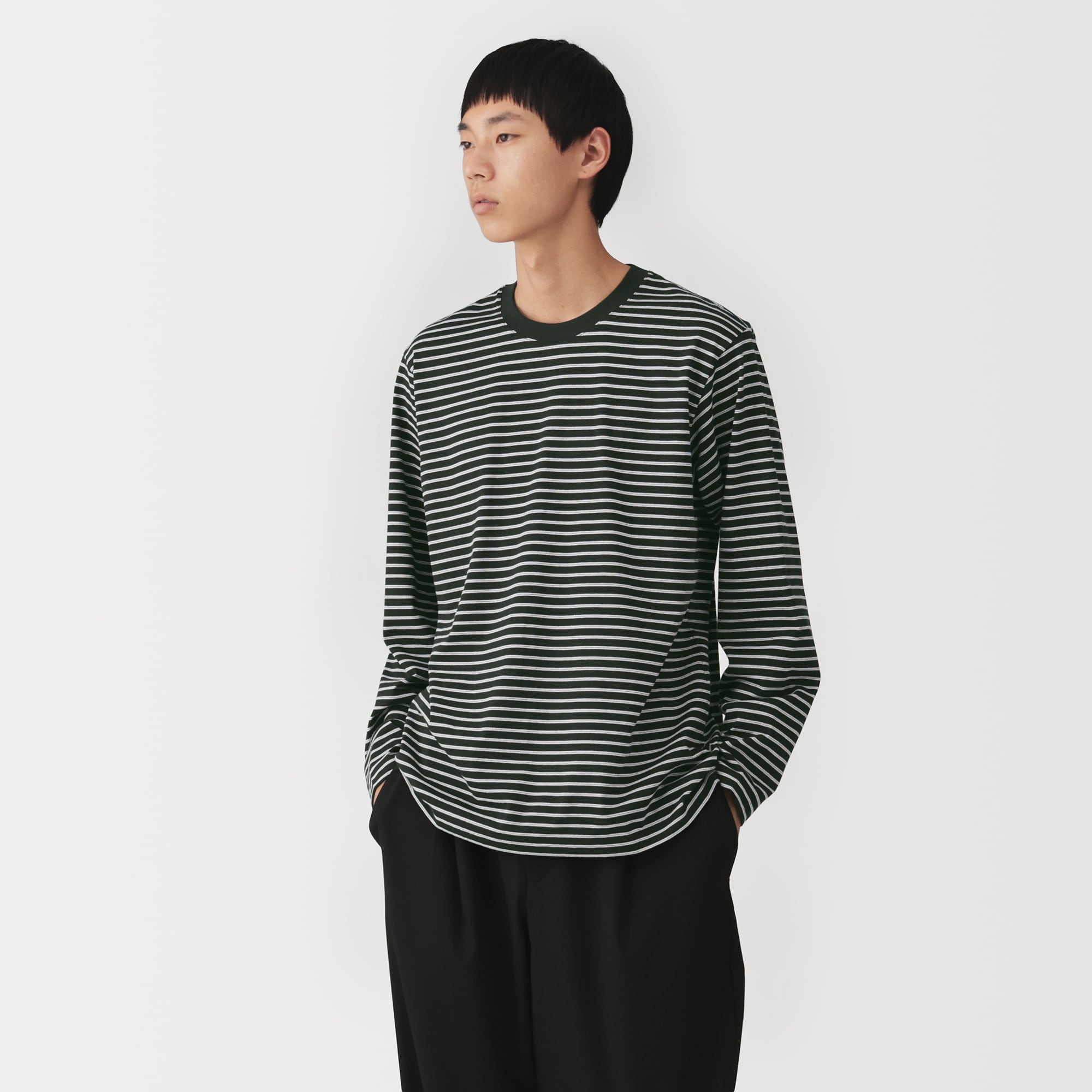 紳士　天竺編みクルーネック長袖Ｔシャツ（ボーダー）