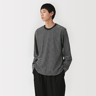 紳士　天竺編みクルーネック長袖Ｔシャツ（ボーダー）