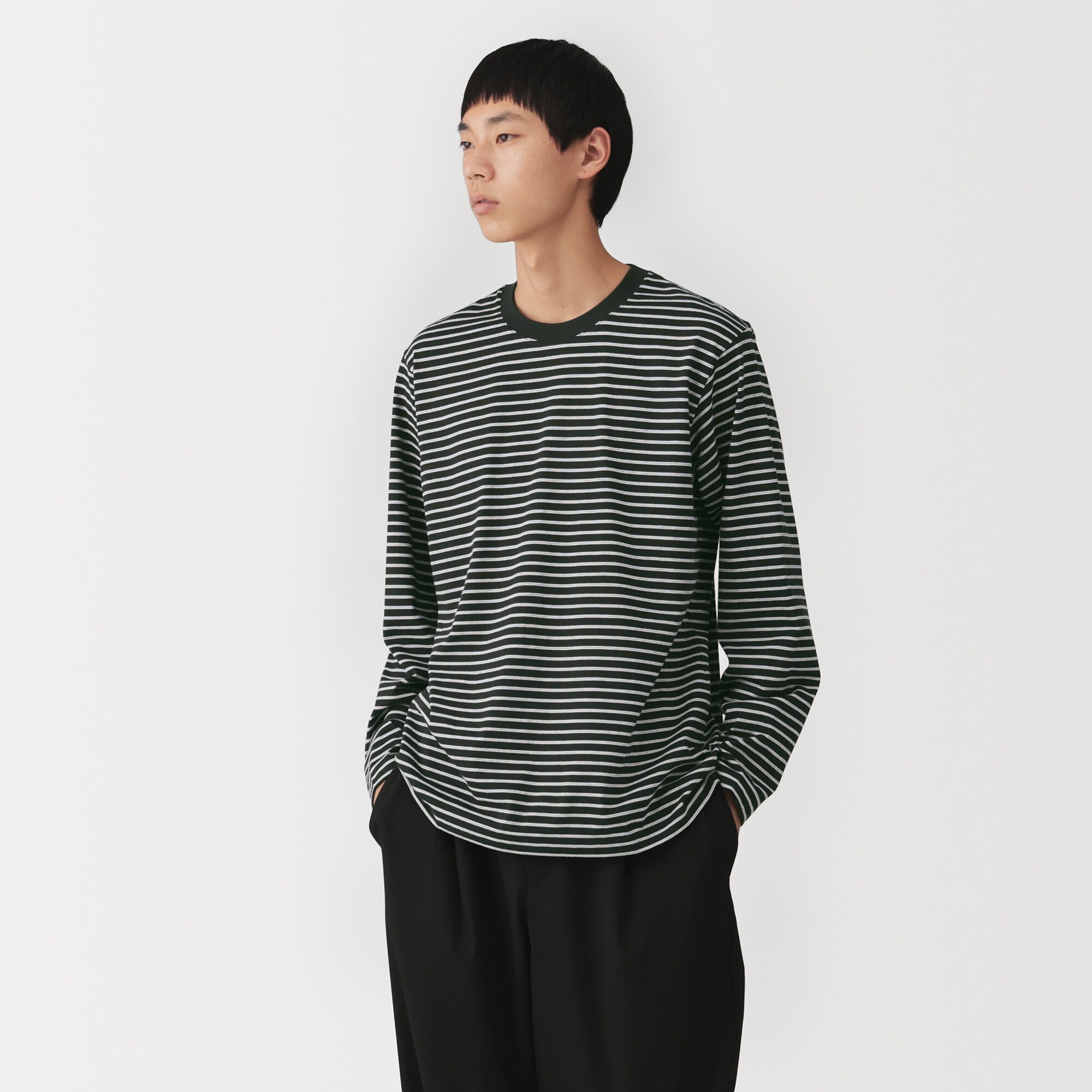 紳士　天竺編みクルーネック長袖Ｔシャツ（ボーダー）