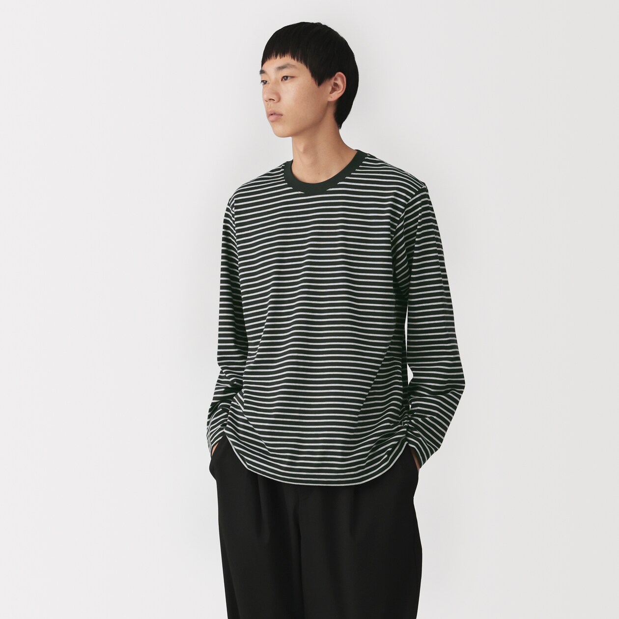 紳士　天竺編みクルーネック長袖Ｔシャツ（ボーダー）