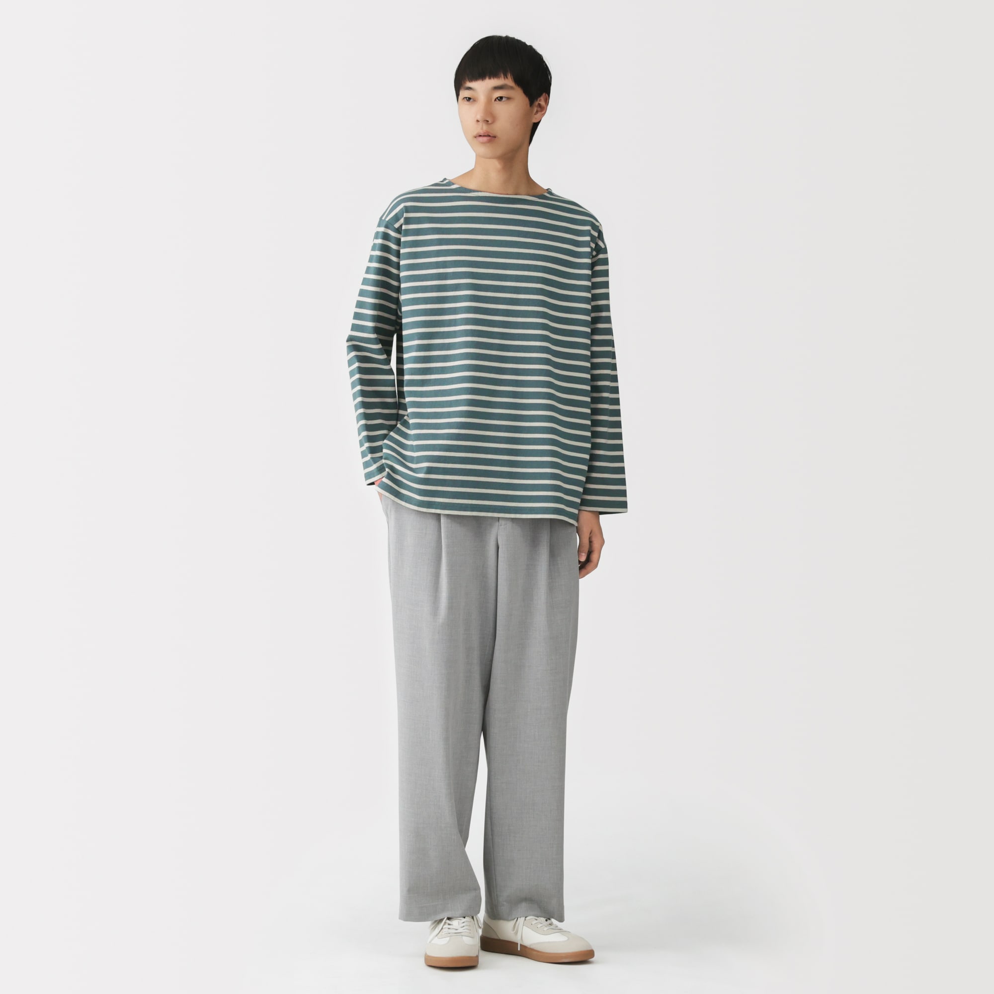 紳士　洗いざらし太番手ボートネック九分袖Ｔシャツ