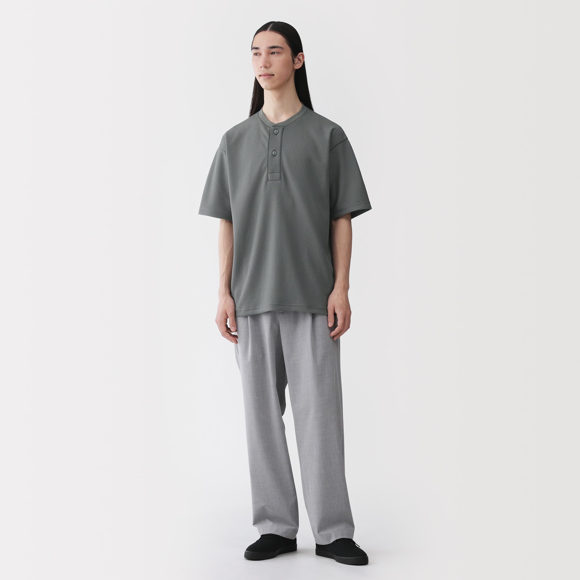 紳士　ＵＶカット乾きやすいワッフルヘンリーネック半袖Ｔシャツ