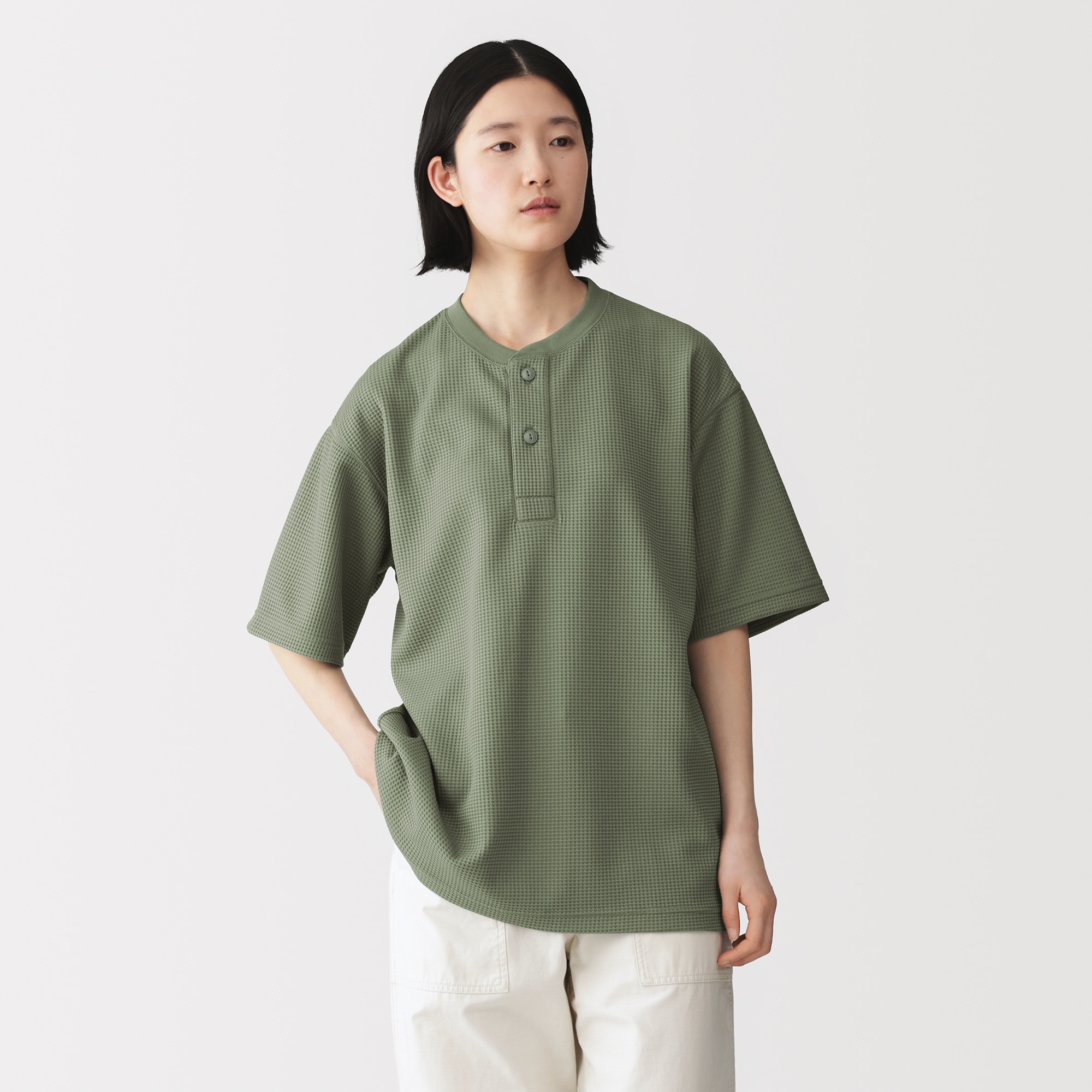 紳士 UVカット乾きやすいワッフルヘンリーネック半袖Tシャツ | 無印良品