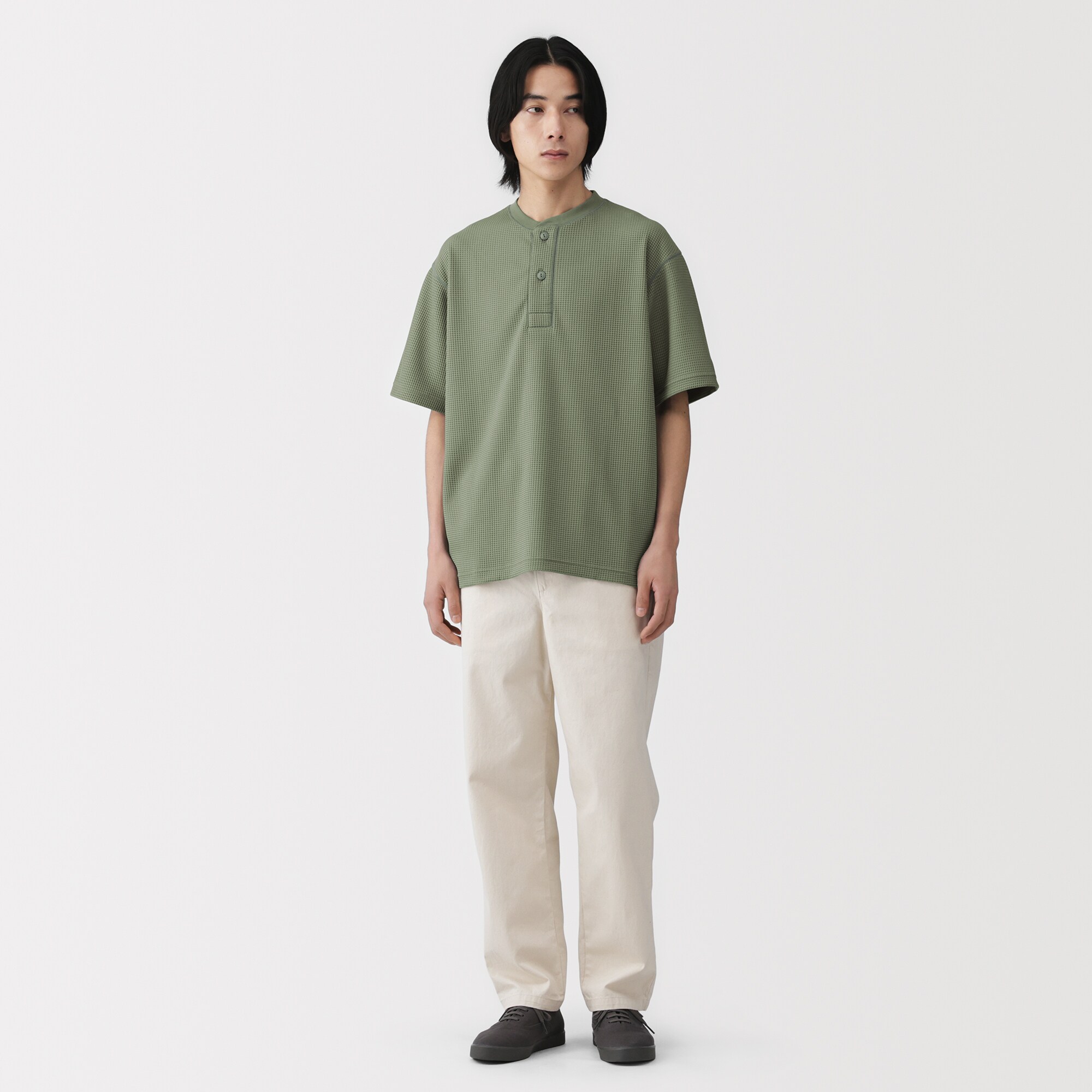 紳士 UVカット乾きやすいワッフルヘンリーネック半袖Tシャツ | 無印良品