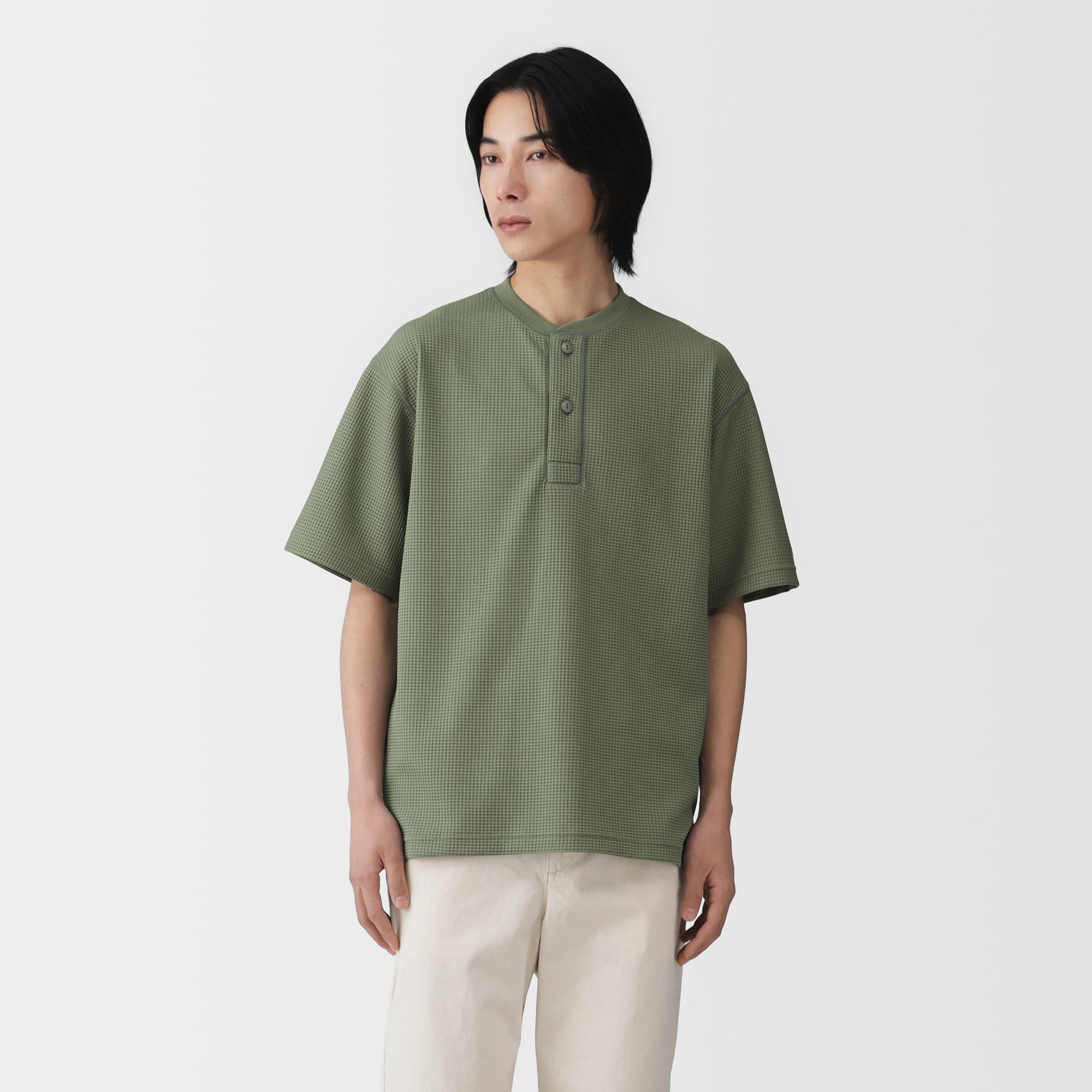 紳士　ＵＶカット乾きやすいワッフルヘンリーネック半袖Ｔシャツ