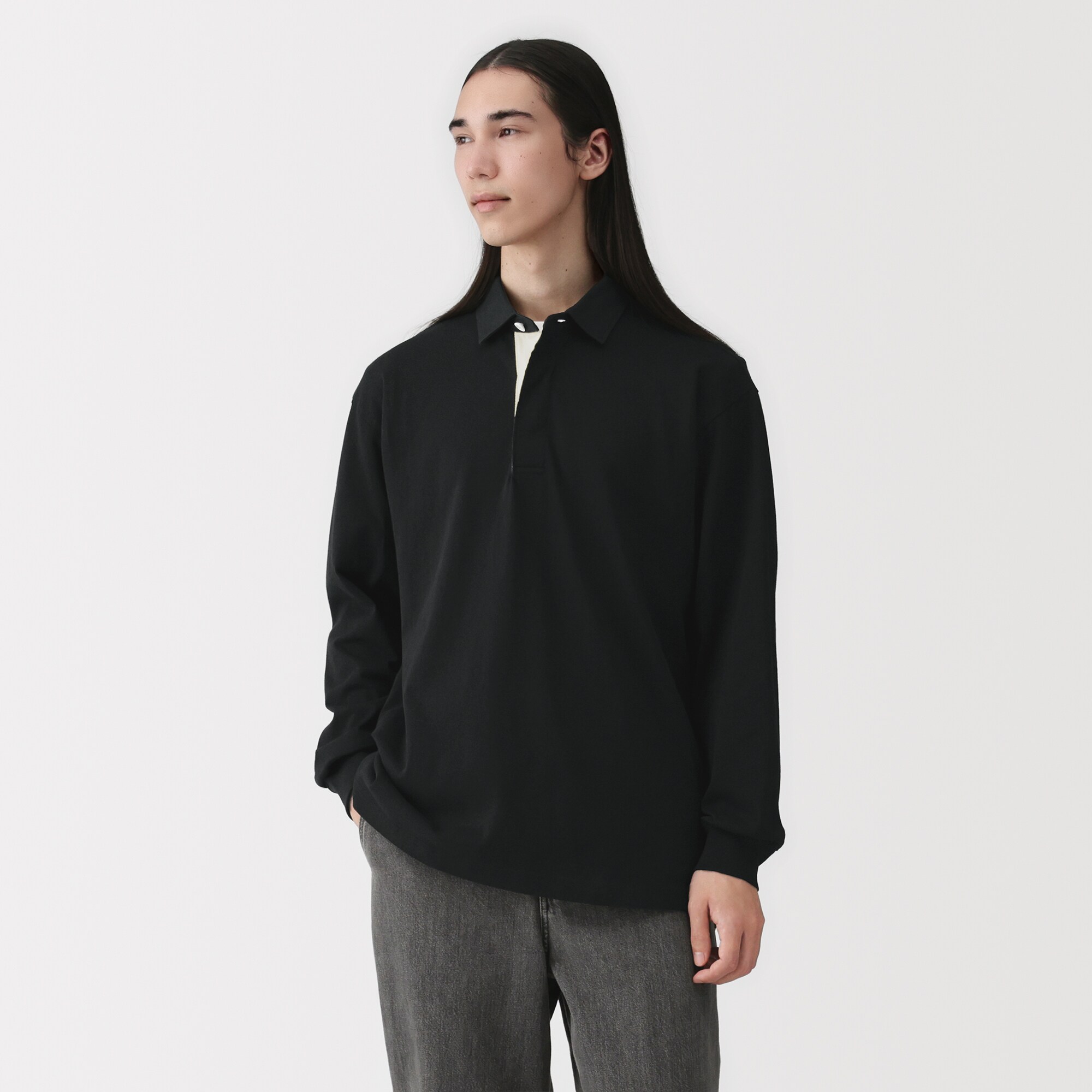 紳士　洗いざらし太番手長袖ラガーシャツ