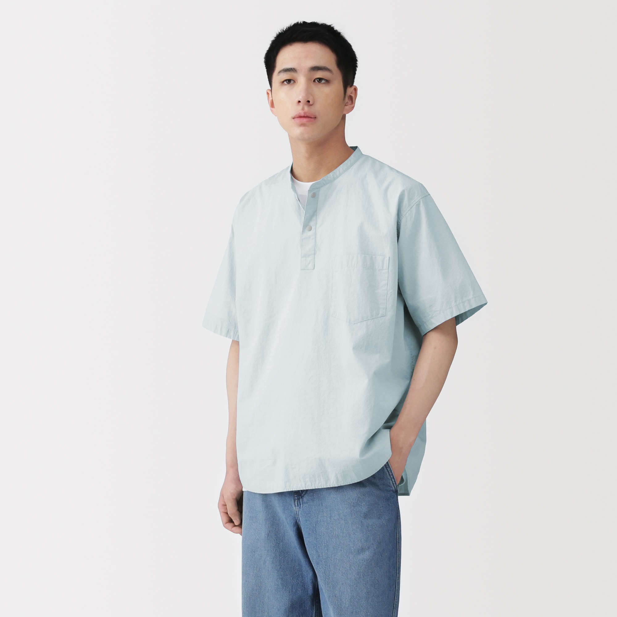 紳士　涼感ヘンリーネック半袖布帛Ｔシャツ