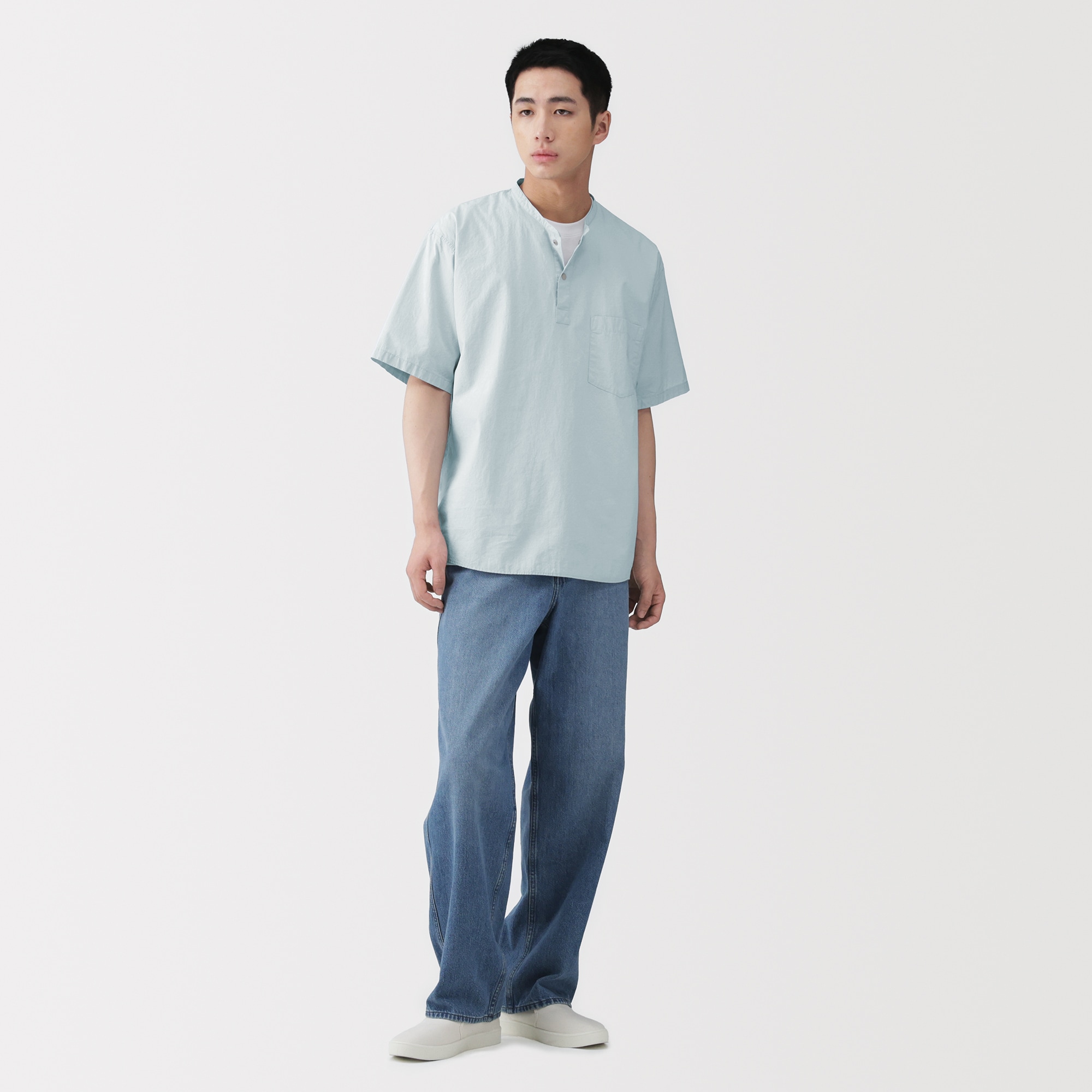 紳士 涼感ヘンリーネック半袖布帛Tシャツ | 無印良品