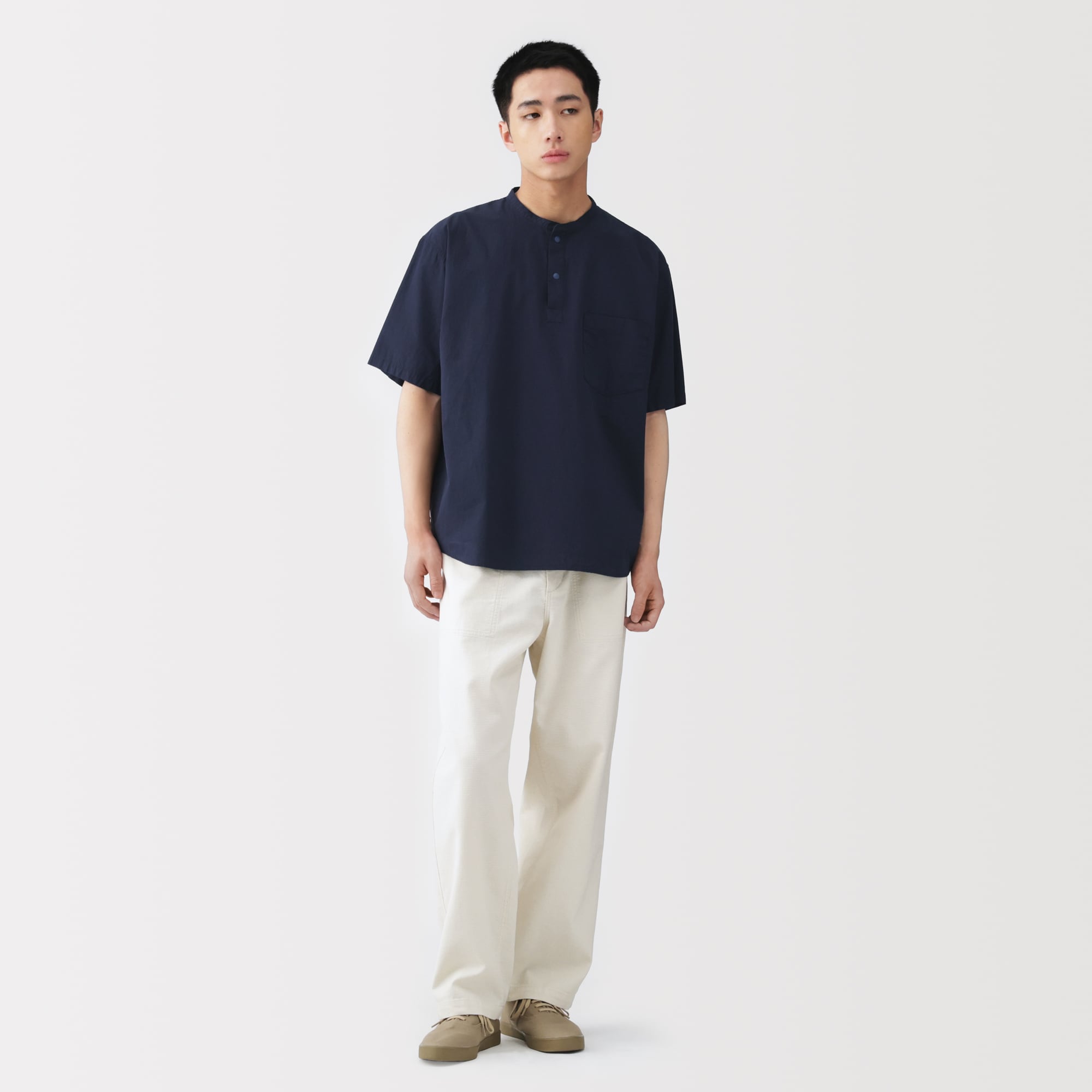 紳士　涼感ヘンリーネック半袖布帛Ｔシャツ