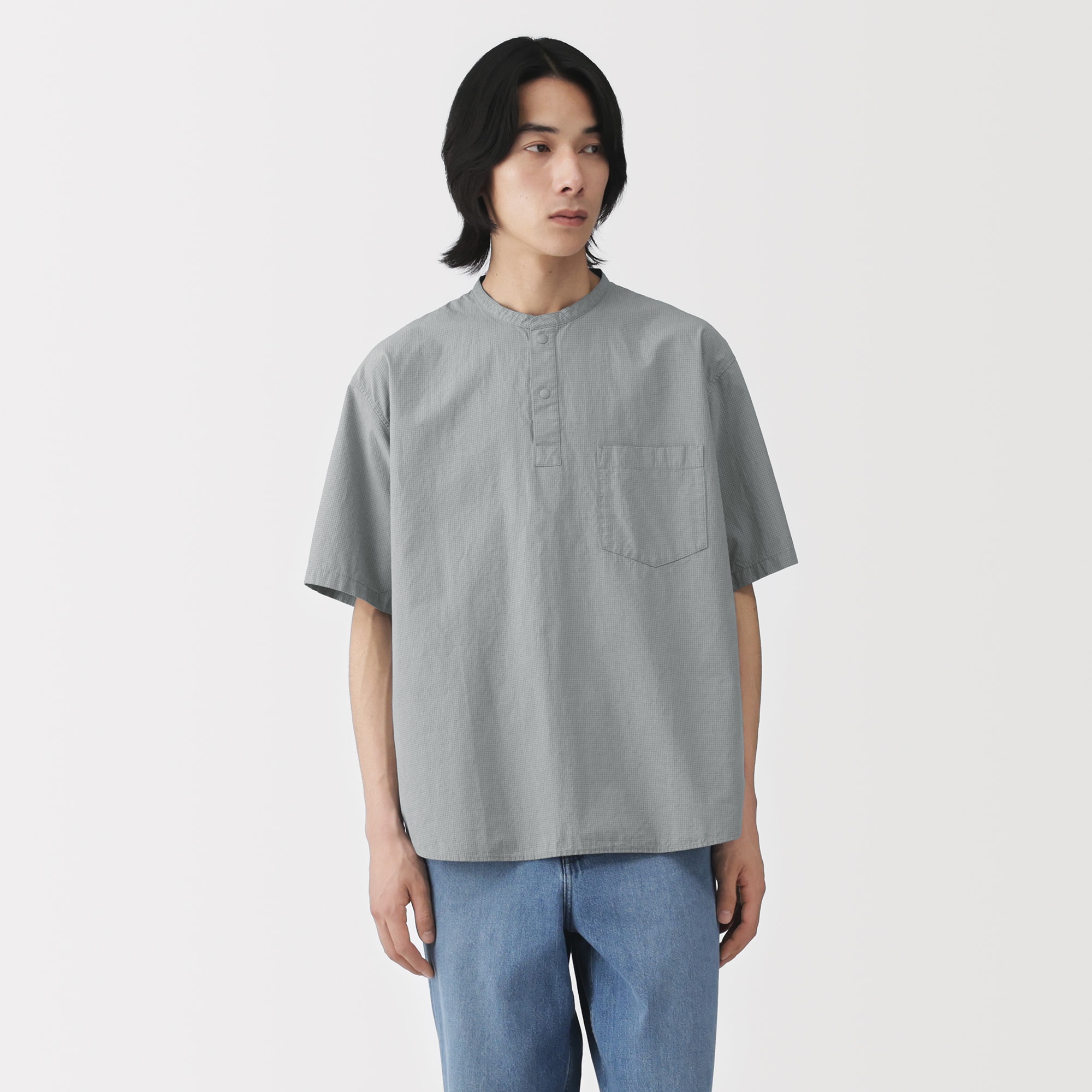 紳士　涼感ヘンリーネック半袖布帛Ｔシャツ